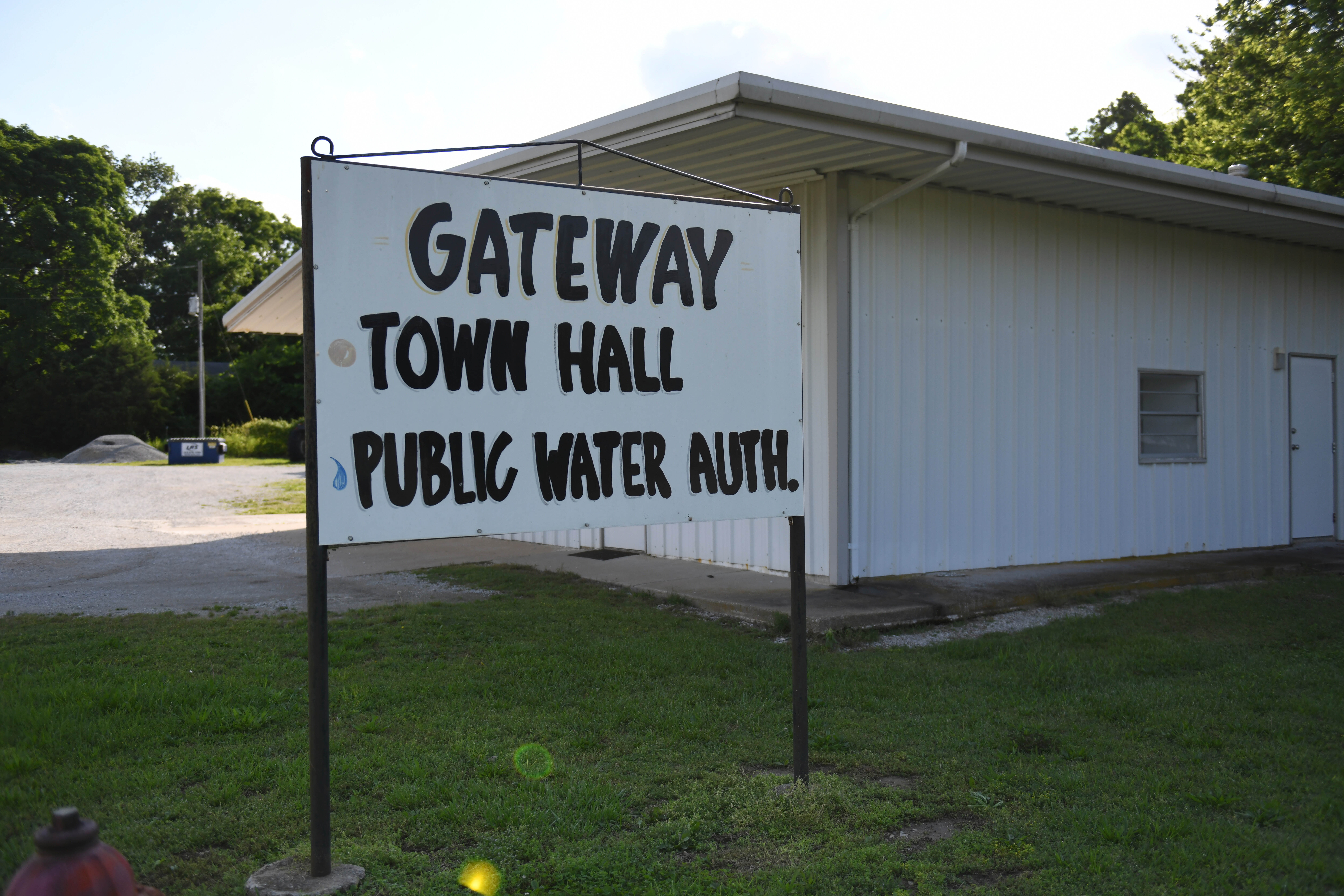 A sign can be seen outside Gateway Town Hall in Gateway, Ark. On May 28, 2025. (AP Photo/Nick Ingram) ozarks grant hardin