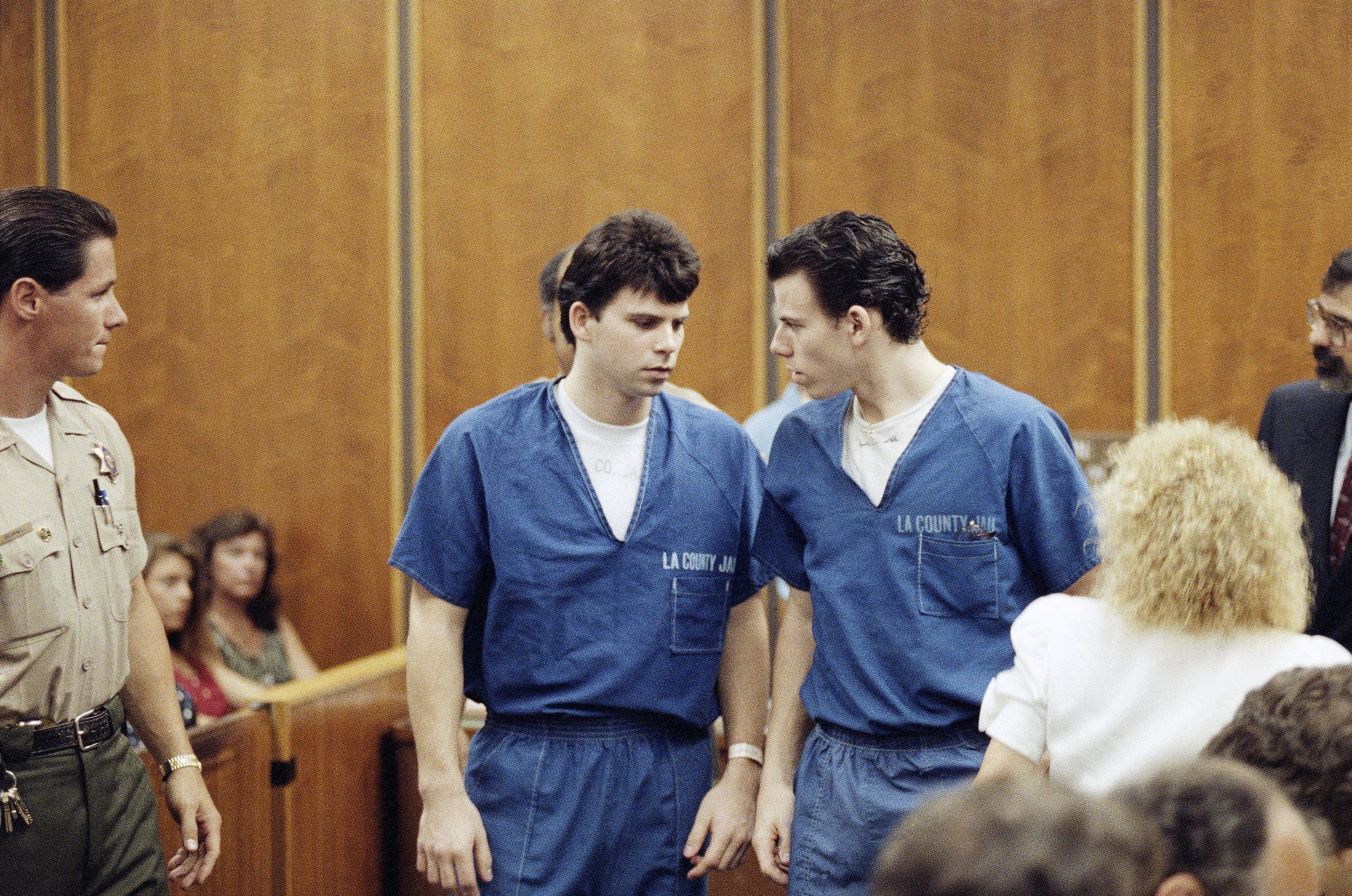 The Menendez brothers in court in August 1990. Now 35 years later they have both been denied parole