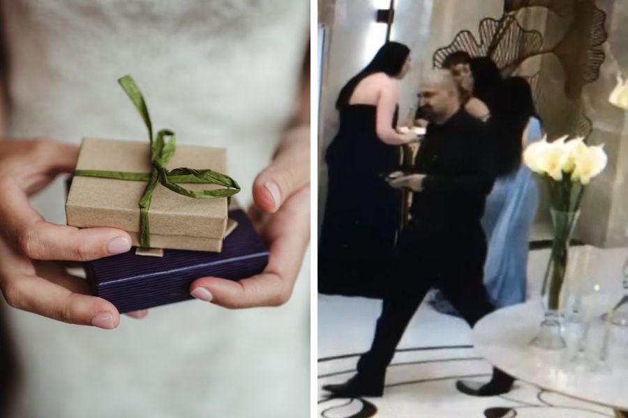 A man wearing all black was caught on camera taking a box holding cash and checks at a California wedding