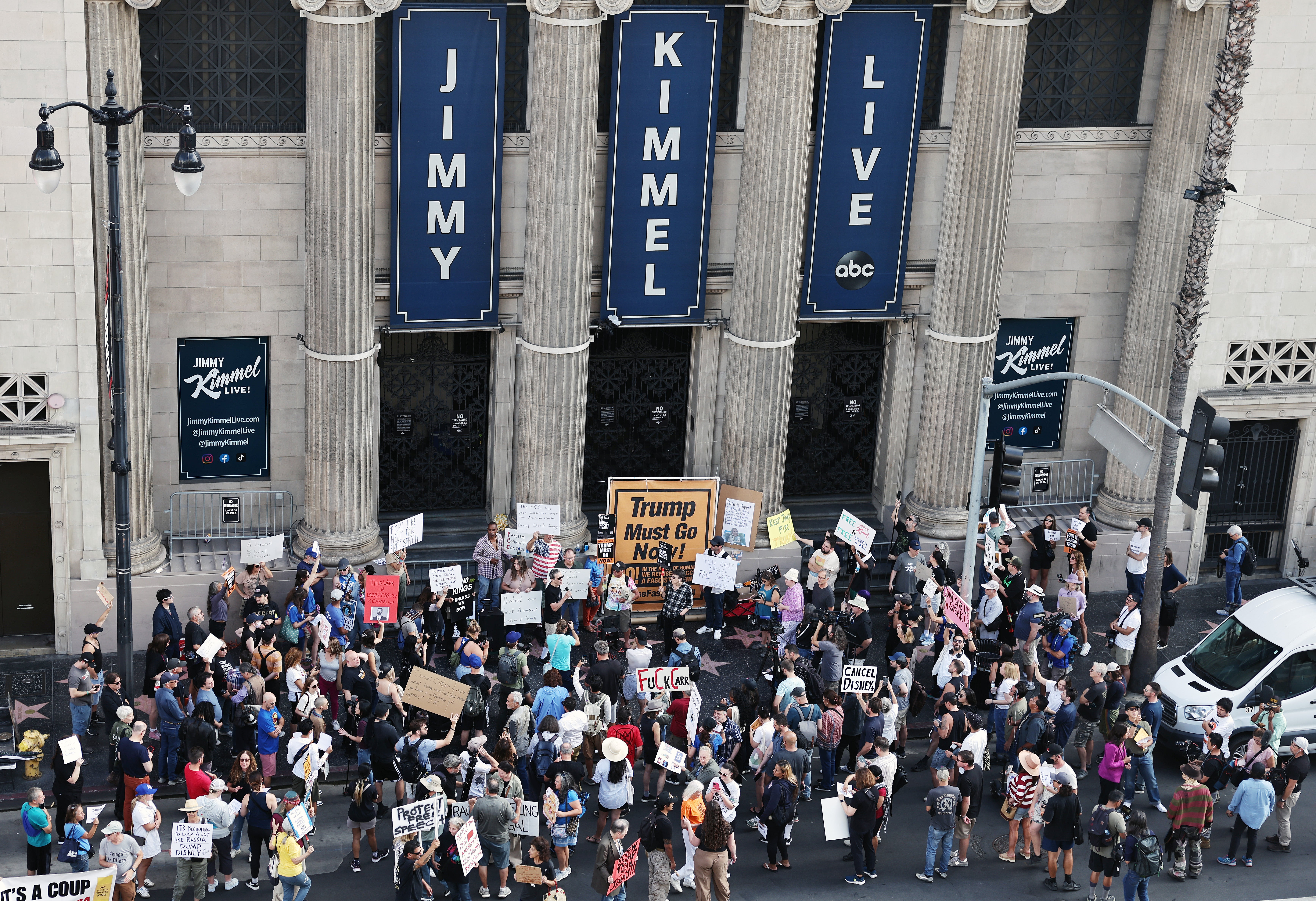 Kimmel’s brief suspension caused outrage, with many people threatening to cancel their Disney+ subscriptions over the furore. Protests also took place outside the studio where Kimmel’s show is filmed on Hollywood Boulevard in Los Angeles
