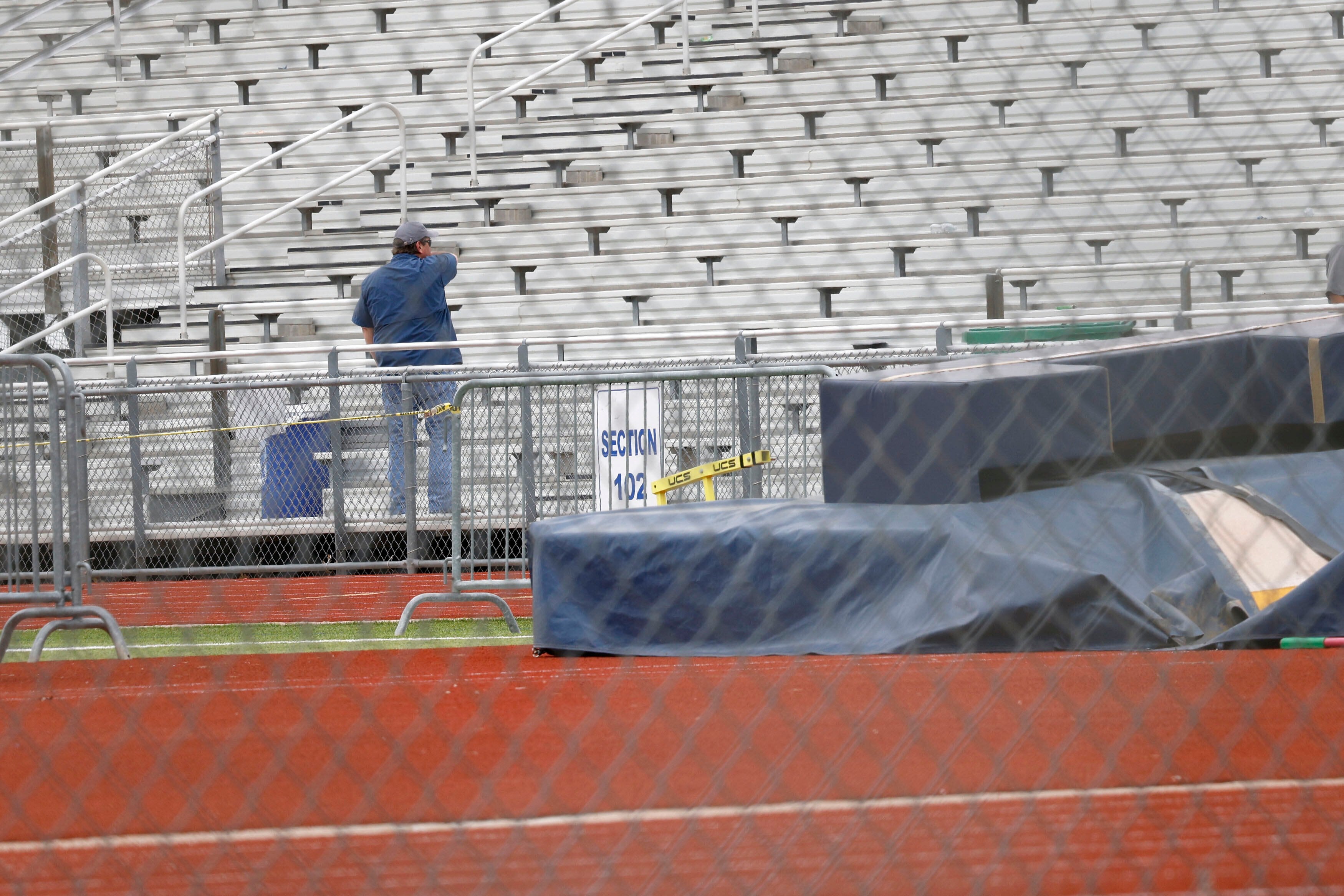 David Kuykendall Stadium's stands are seen on April 2, 2025, in Frisco, Texas, after the District 11-5A track meet that was being held there was postponed after a Frisco Memorial athlete was stabbed and killed