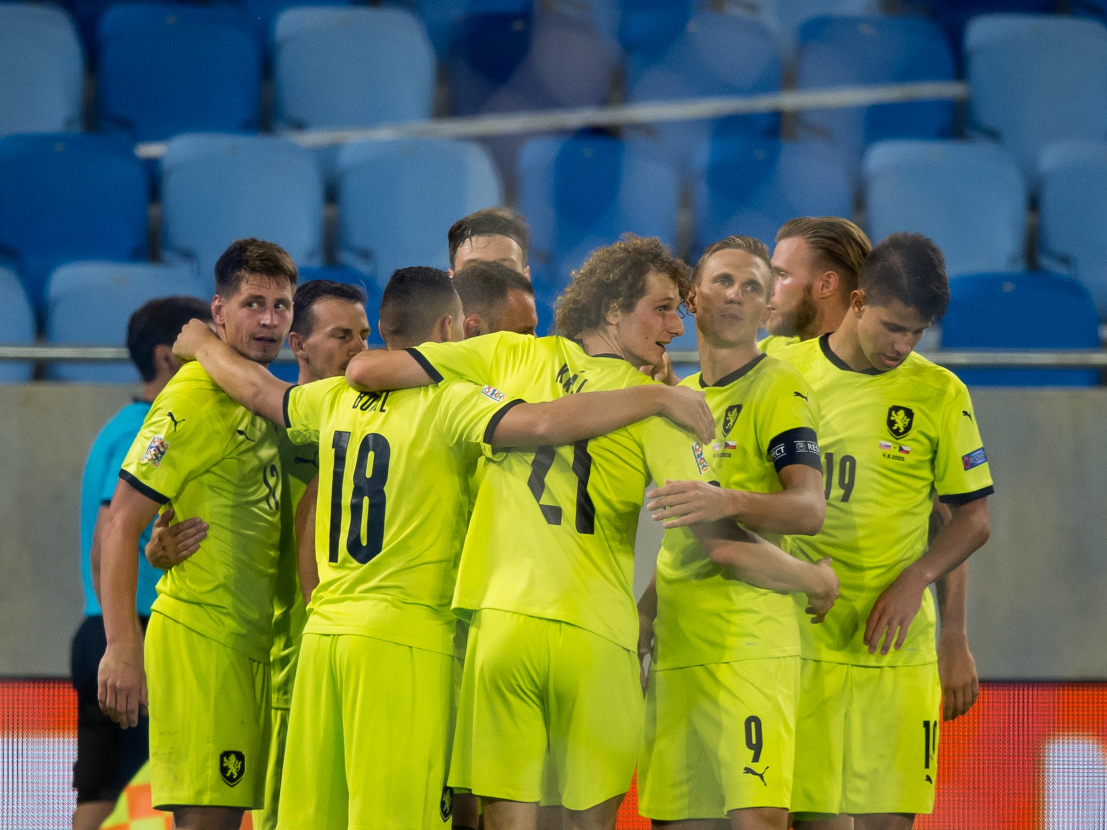 Czech Republic players celebrate during their 3-1 Nations League win over Slovakia