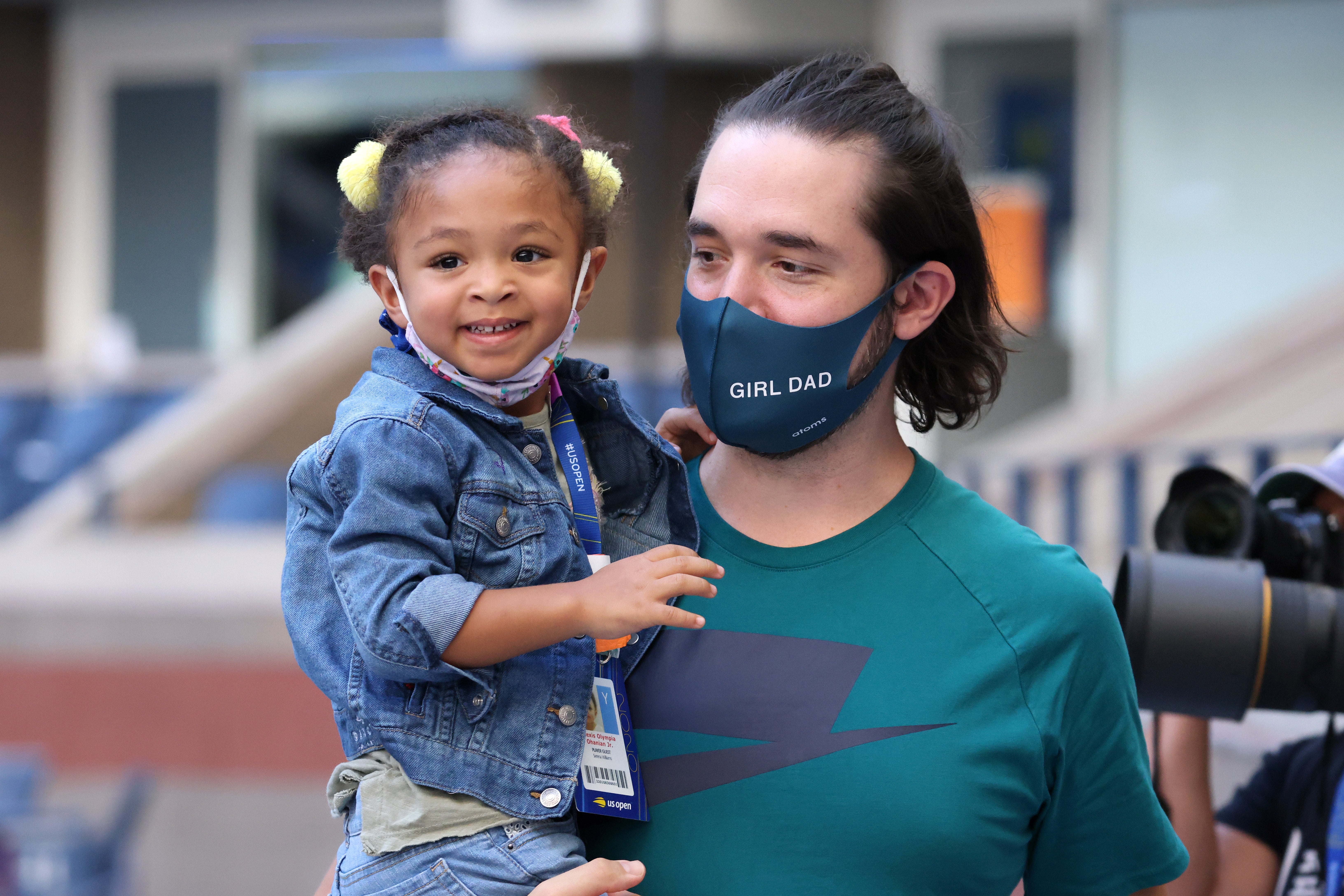 Alexis Ohanian and daughter Olympia watch Serena Williams at the US Open, Saturday 5 September 2020