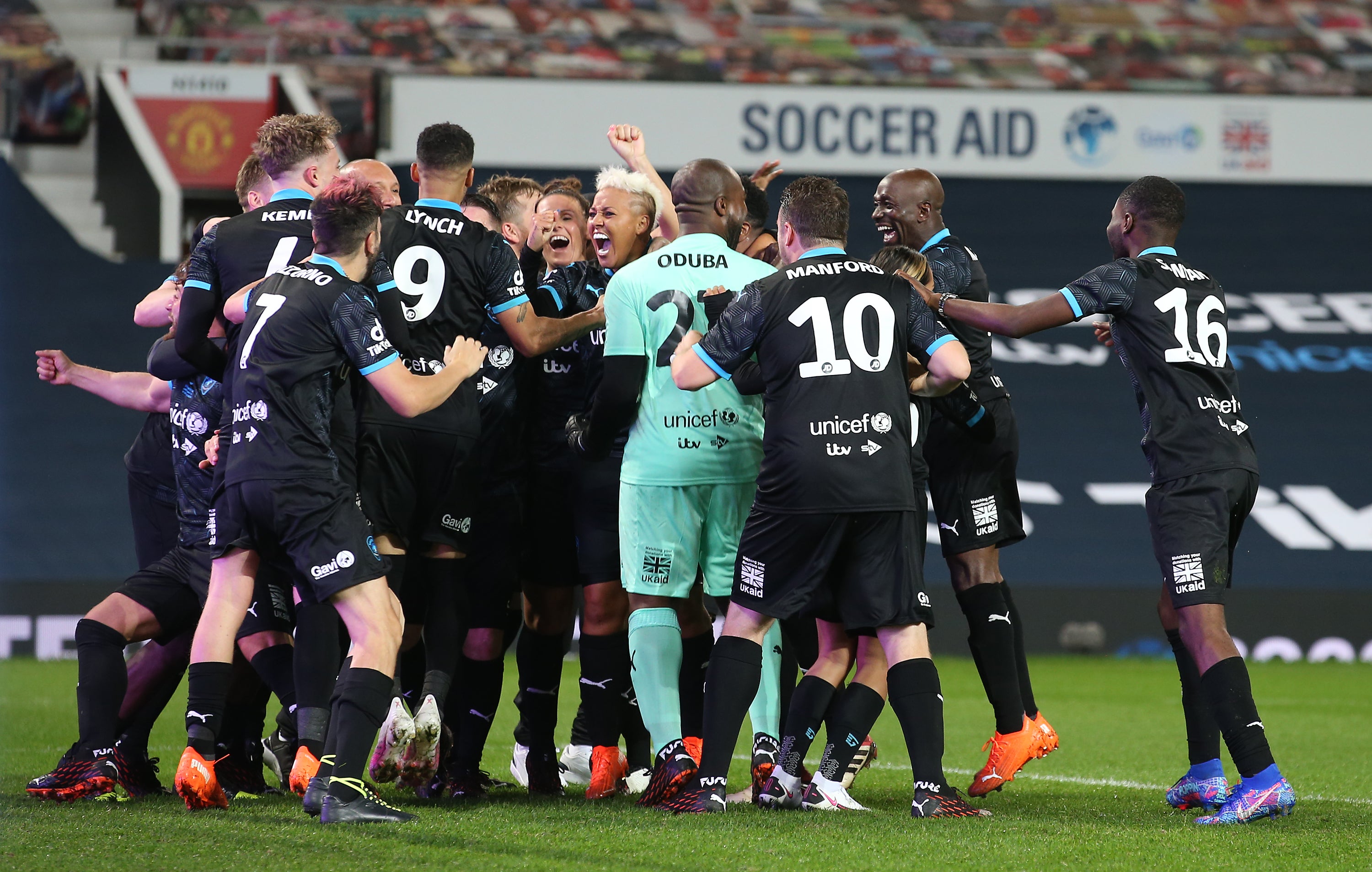 The World XI celebrate winning the penalty shootout after Chunkz misses for England