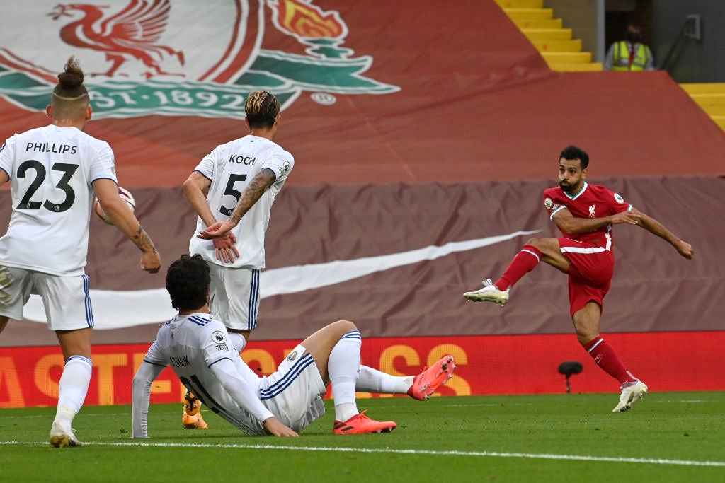 Mo Salah scores his second to give Liverpool the lead at half time against Leeds