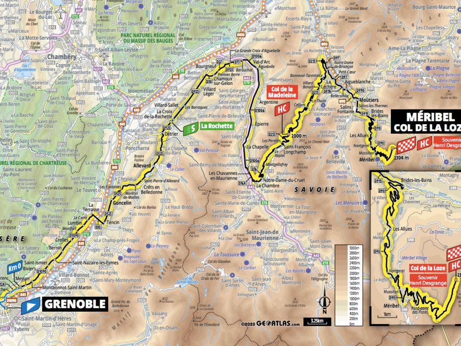 Stage 17 route map from Grenoble to Meribel