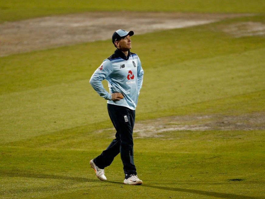 Eoin Morgan reacts during England's defeat by Australia