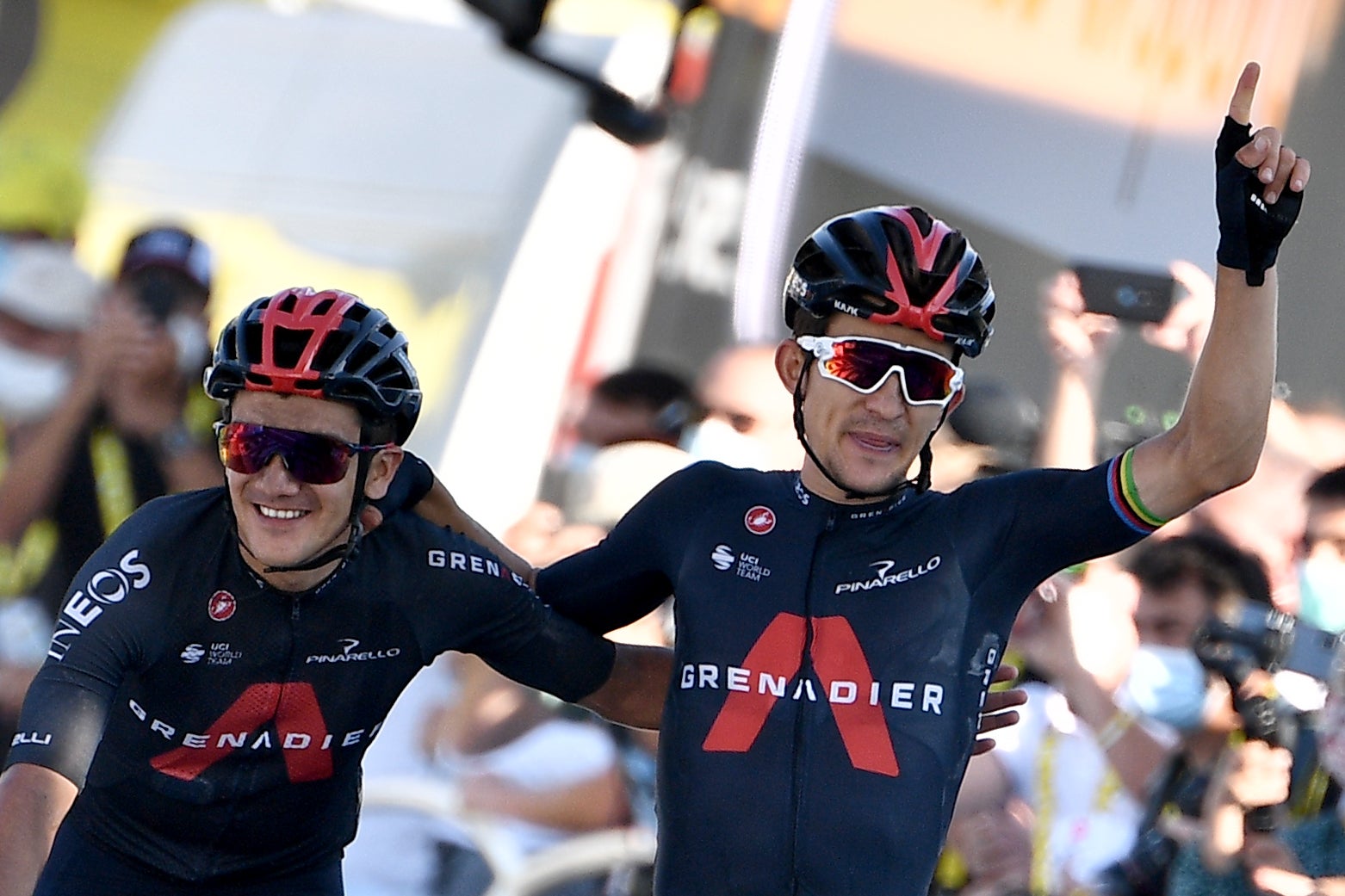 Michal Kwiatkowski (right) celebrates his stage win