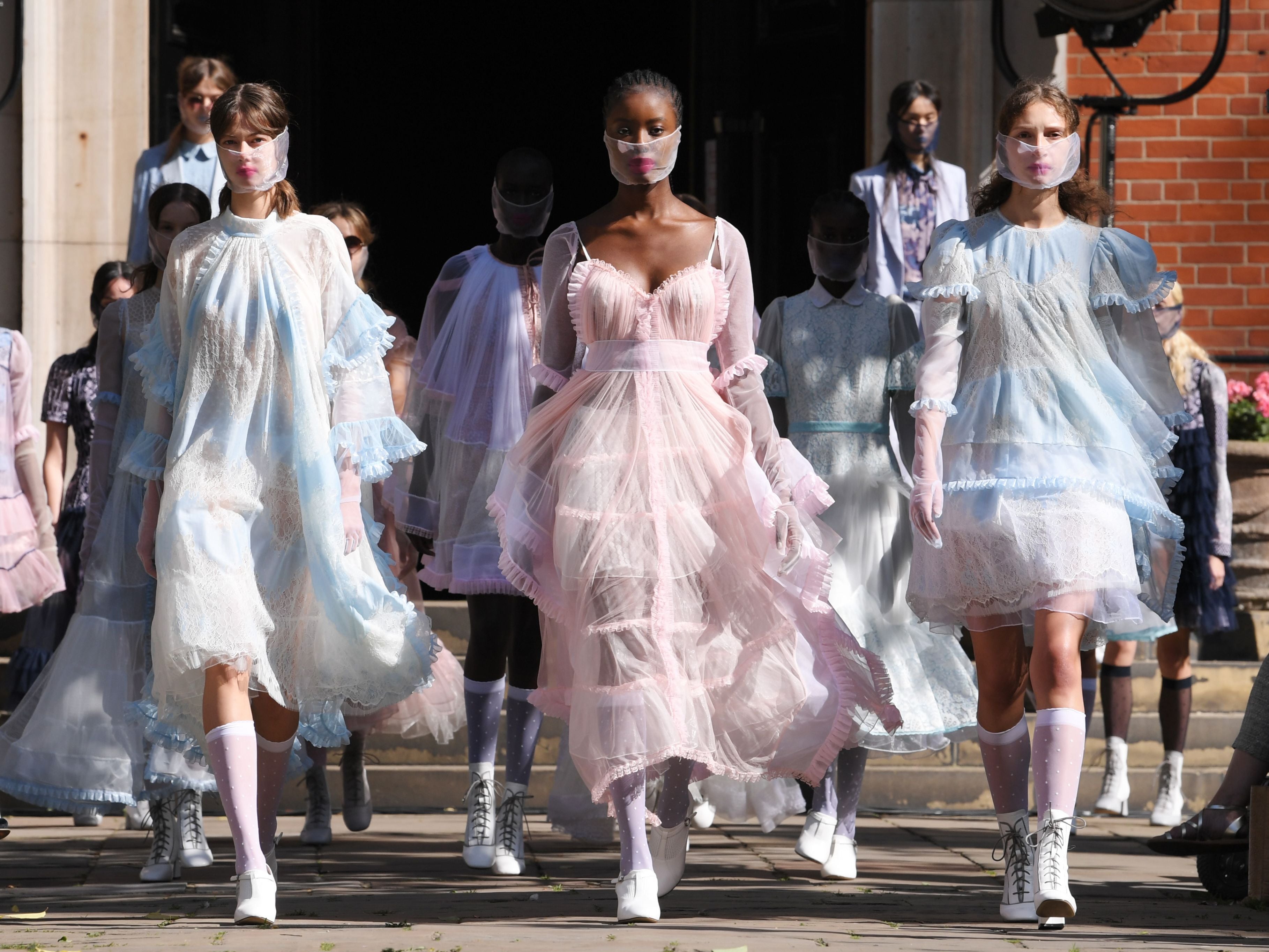 Models display the Bora Aksu spring/summer 2021 collection at London Fashion Week, 18 September 2020