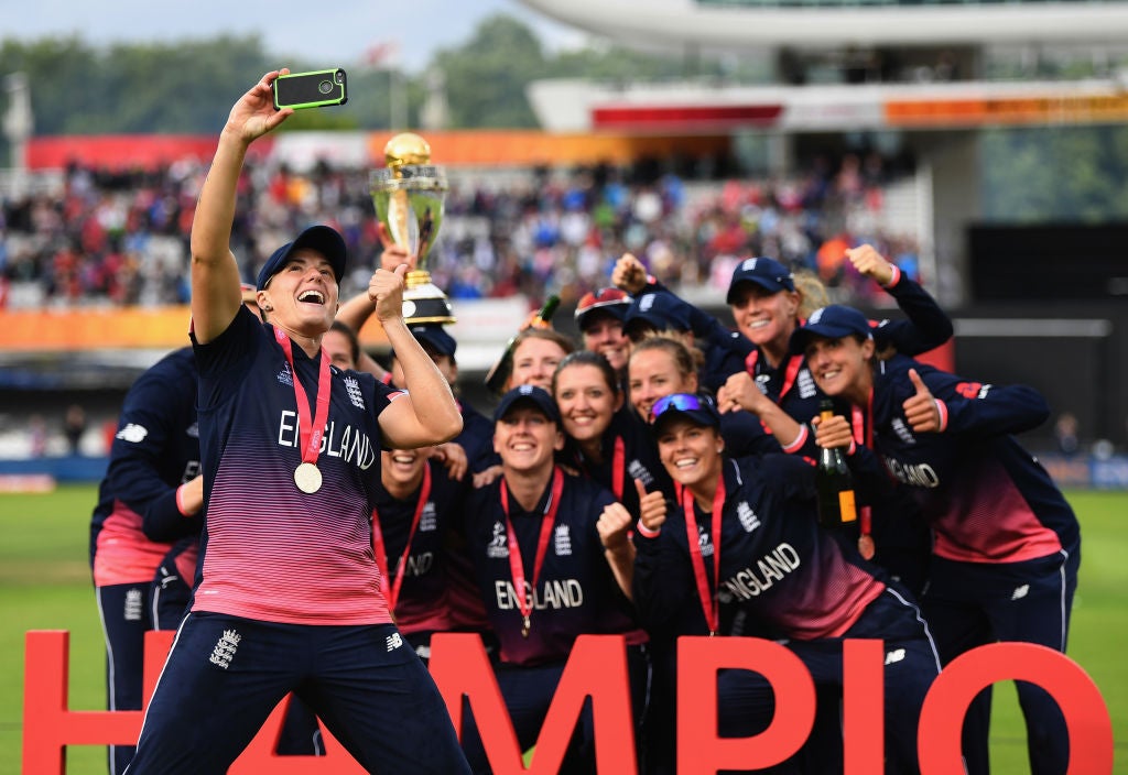 Katherine Brunt leads England's celebrations after winning the 2017 World Cup final