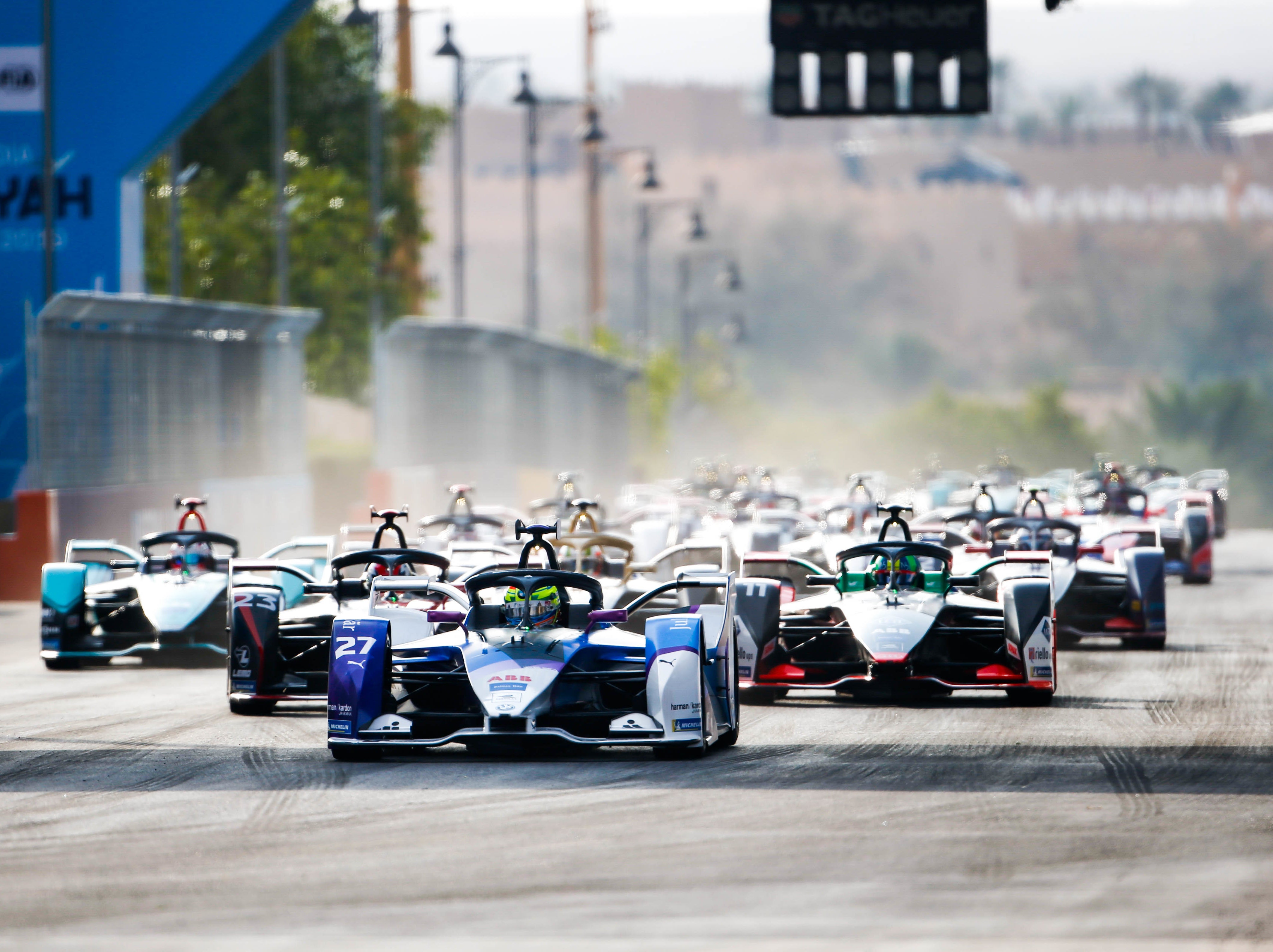 Formula E drivers compete during the 2019 Diriyah E-Prix in Saudia Arabia