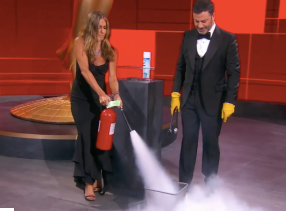 Jennifer Aniston and Jimmy Kimmel at the Emmys