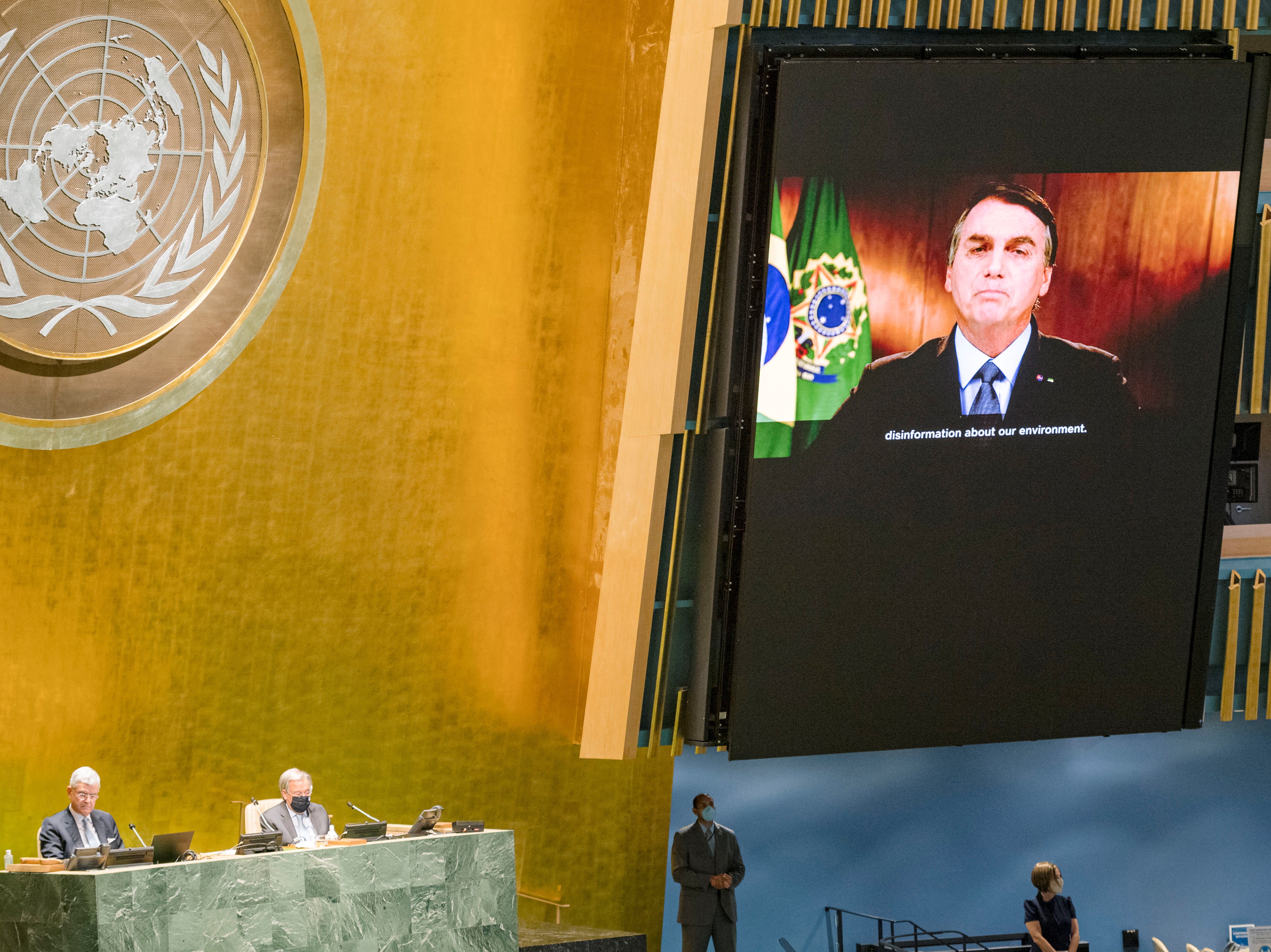 President of Brazil Jair Bolsonaro speaks during the 75th annual U.N. General Assembly, which is being held mostly virtually due to the coronavirus pandemic