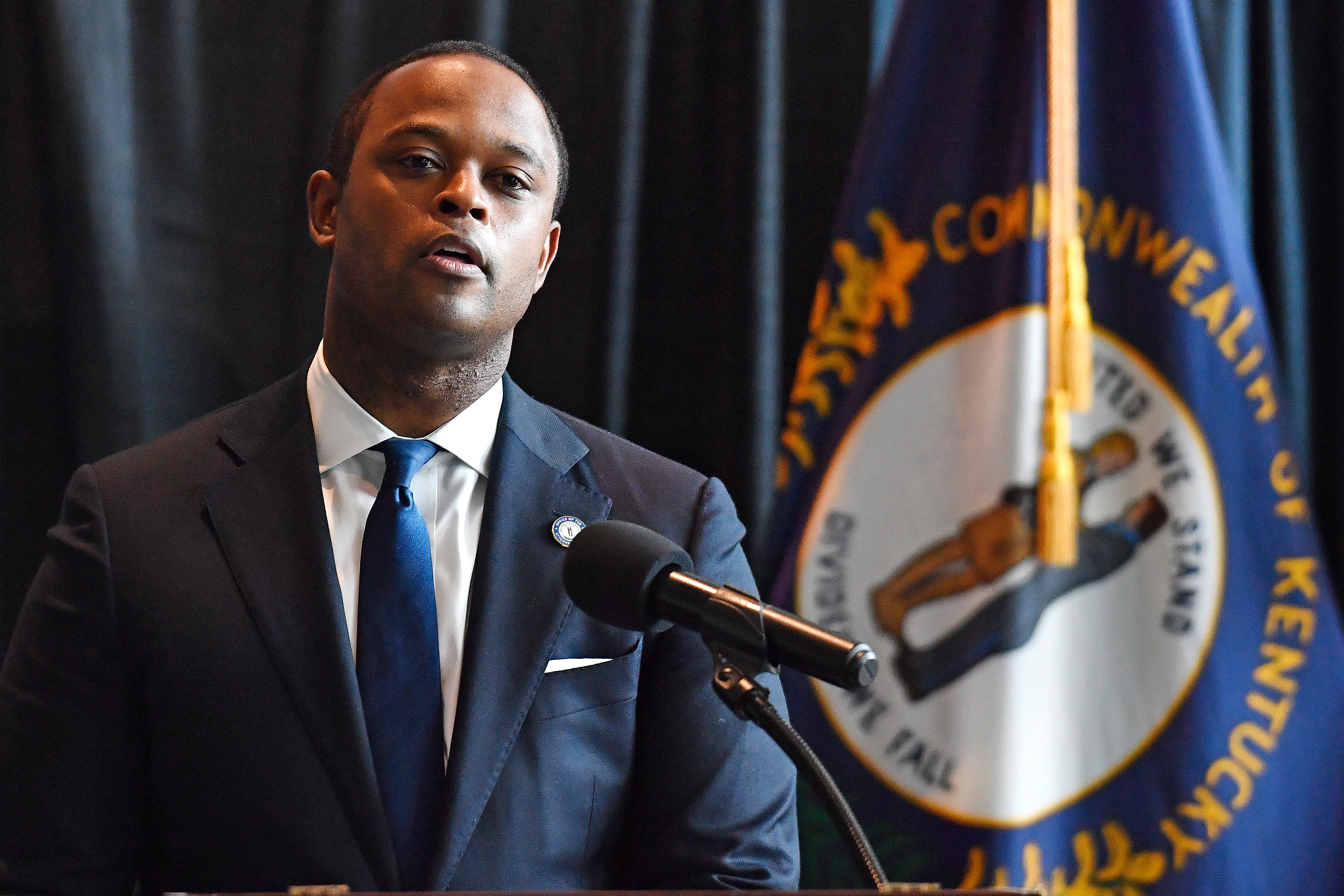 Kentucky Attorney General Daniel Cameron addresses the media