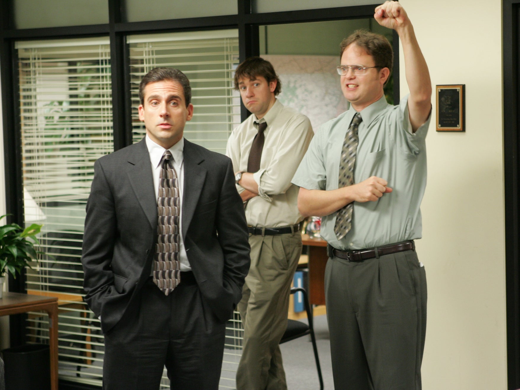 Three’s a crowd: Steve Carell, John Krasinski, and Rainn Wilson in character as Michael, Jim, and Dwight in ‘The Office’