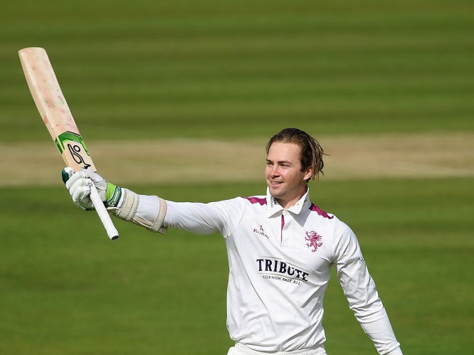 Eddie Byrom of Somerset celebrates reaching his century