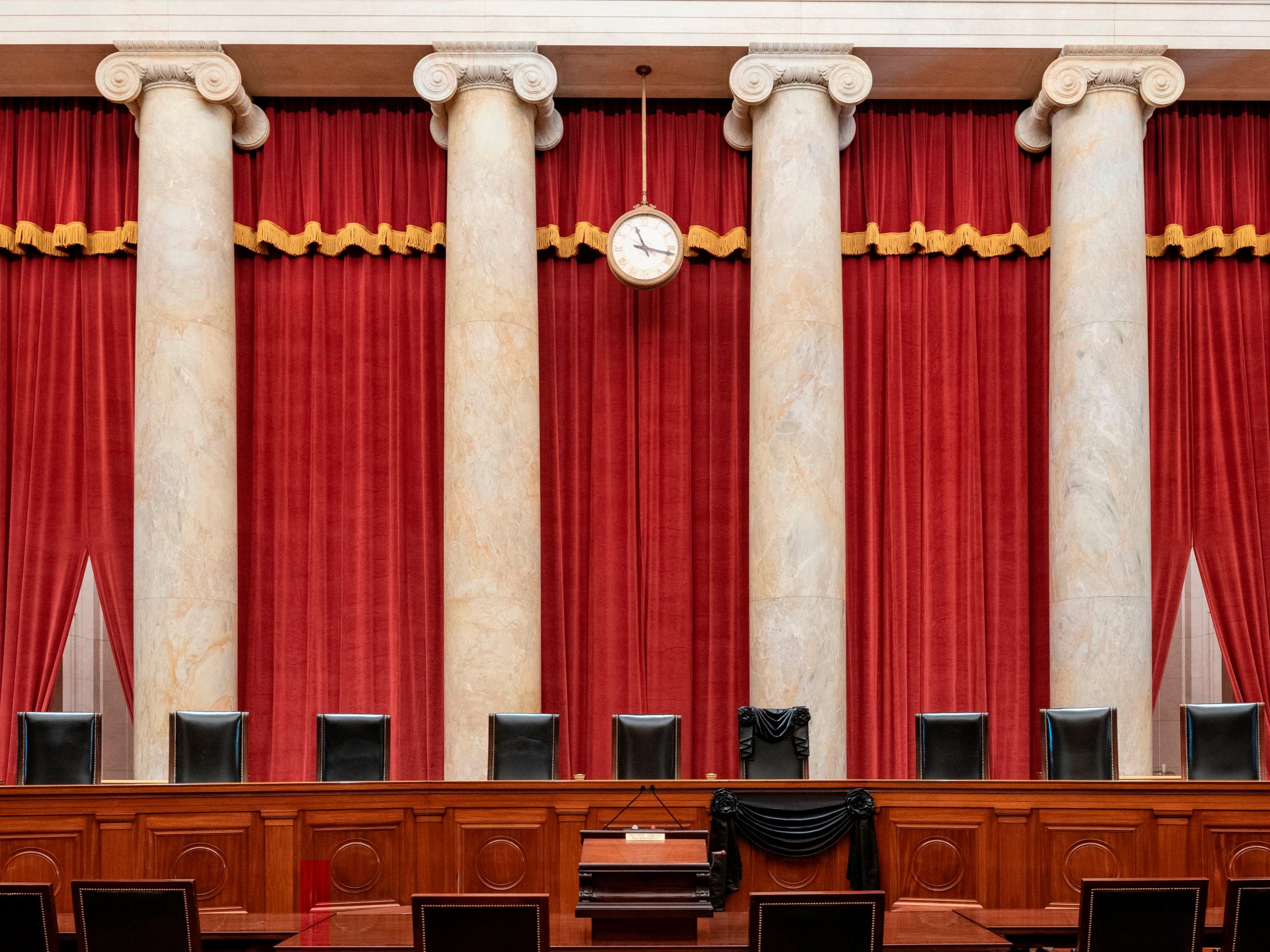 The Bench draped for the death of Associate Justice Ruth Bader Ginsburg, at the Supreme Court in Washington, DC.