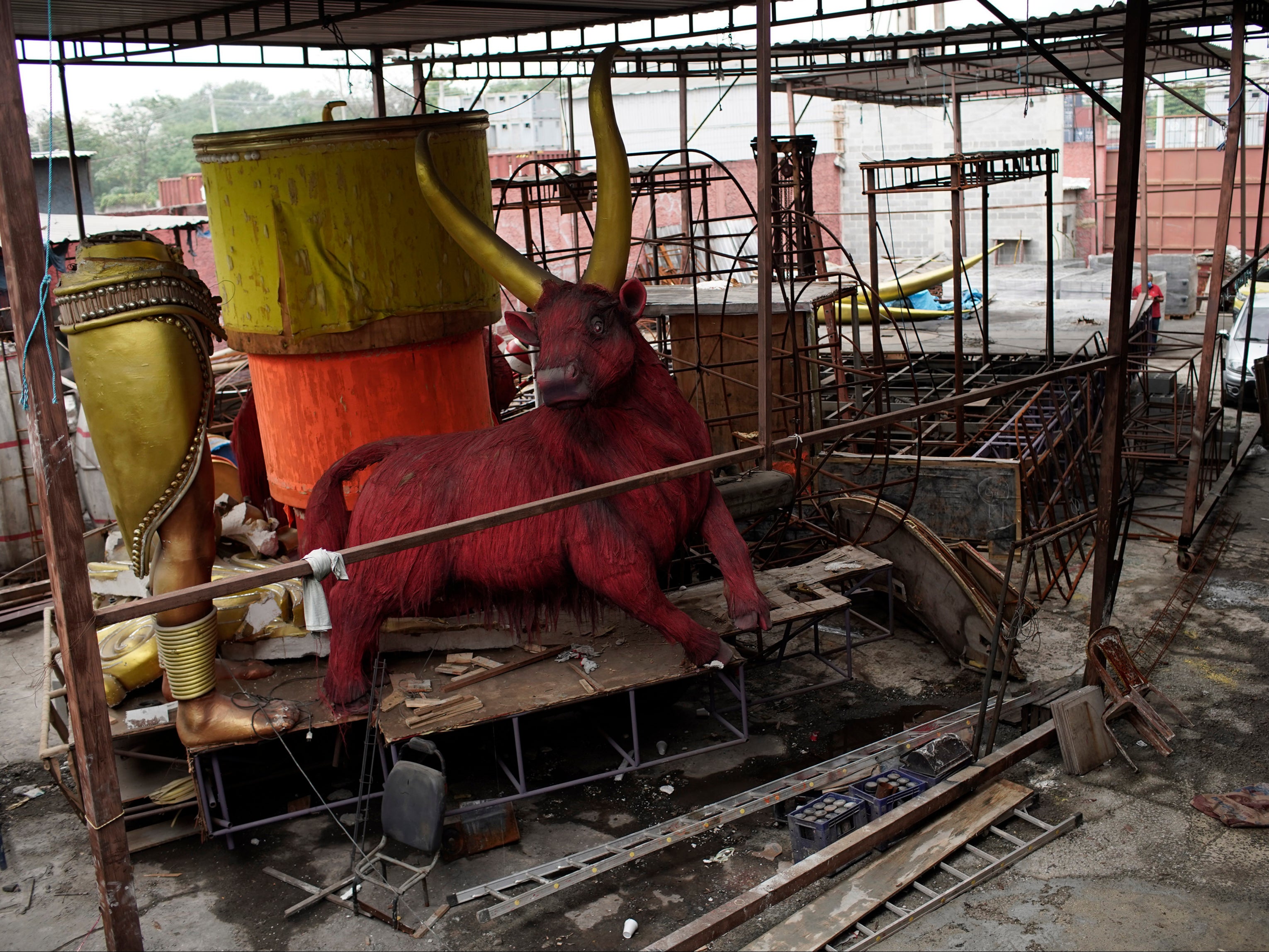 Carnival parade floats sit unfinished in the Unidos de Padre Miguel samba school workshop in Rio de Janeiro