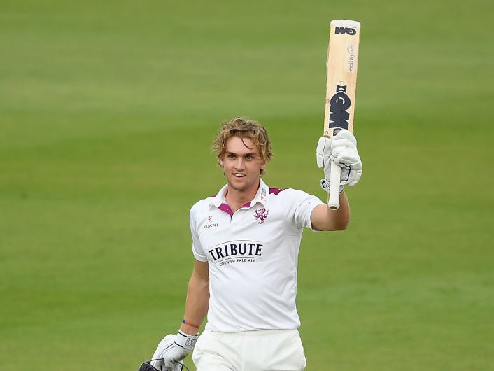 Tom Lammonby of Somerset celebrates reaching his century