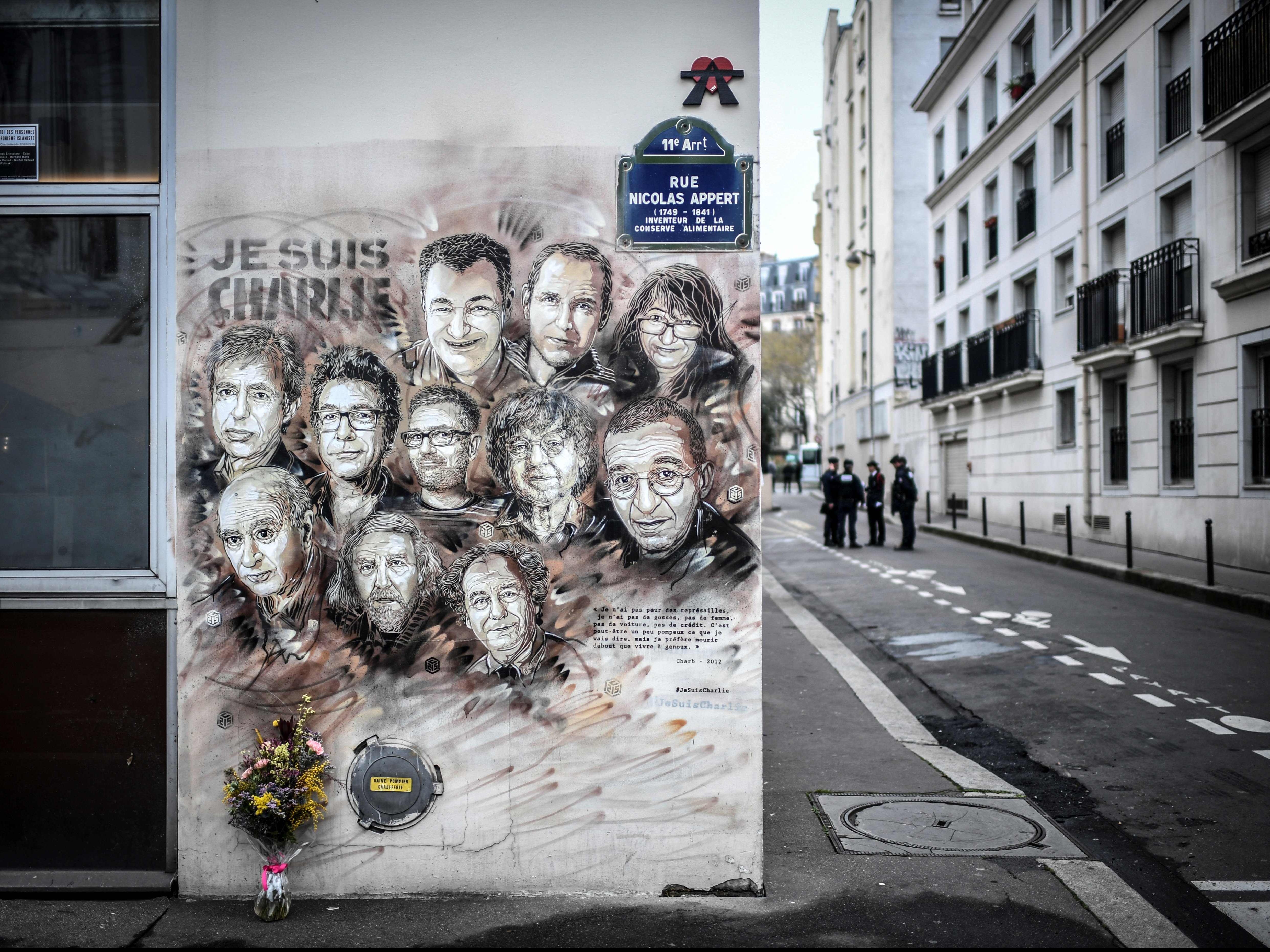 An artist's tribute to members of Charlie Hebdo newspaper who were killed by jihadist gunmen in 2015