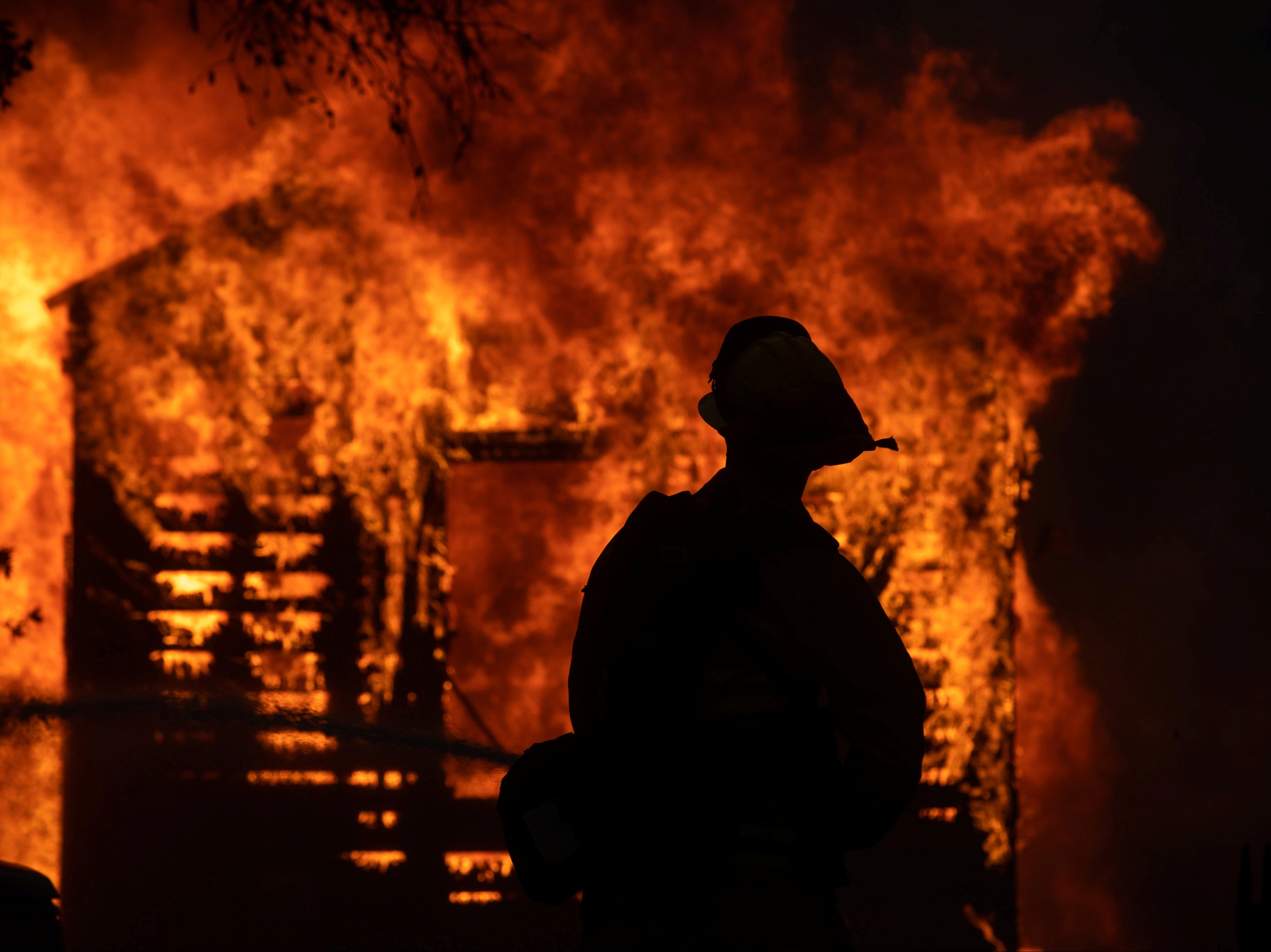 A firefighter looks on at the Zogg WildFire near Igo, California