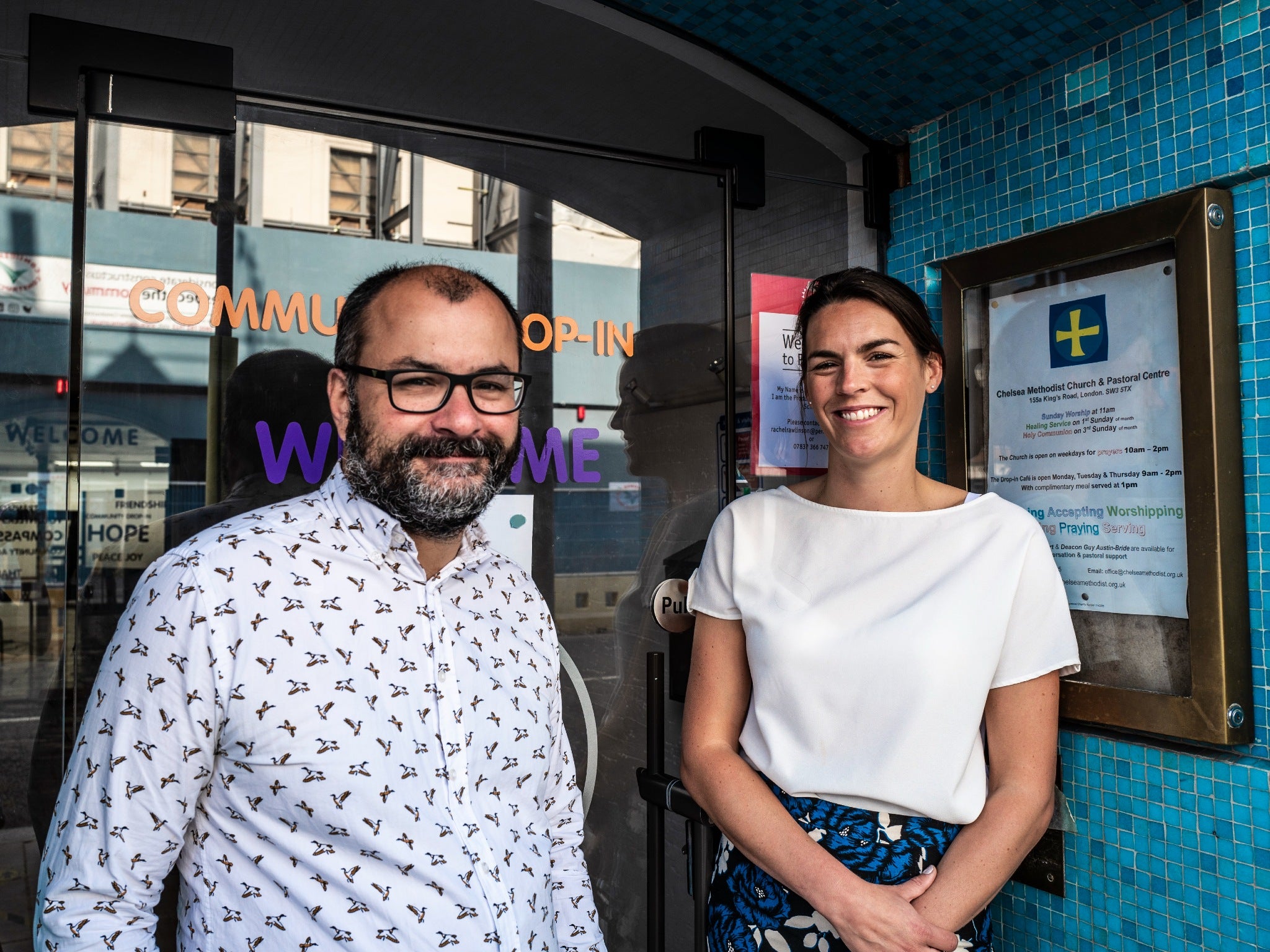 Glass Door CEO Lucy Abraham meets with StreetSmart's Glenn Pougnet in front of the Chelsea Methodist Church, home to Glass Door’s HQ