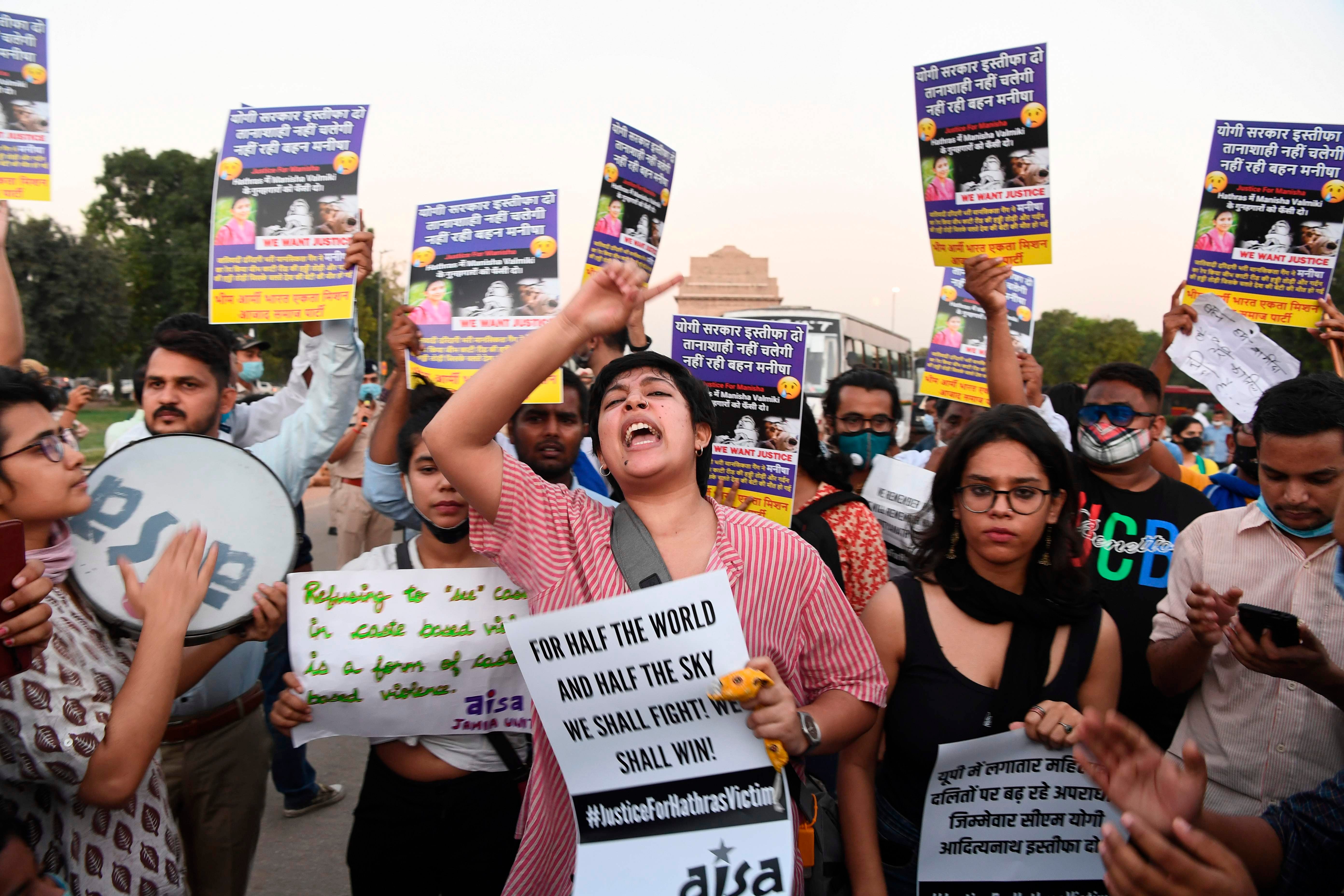 Demonstrators protest against Indian Police for allegedly cremating the body of a 19-year-old woman victim