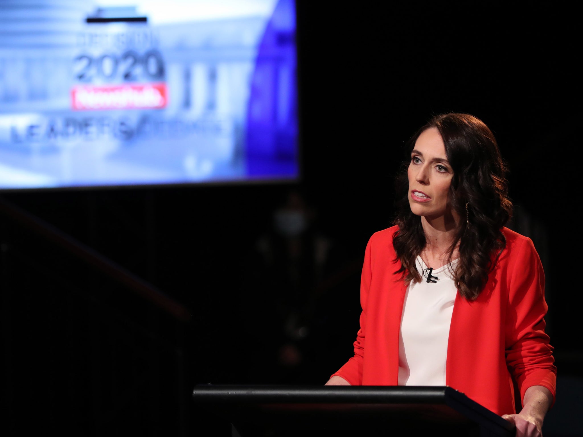 New Zealand PM Jacinda Ardern speaking at the televised election debate on 30 September 2020