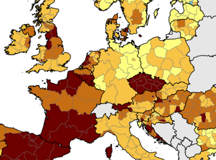 Dark times: the deeper the colour, the higher the infection rate