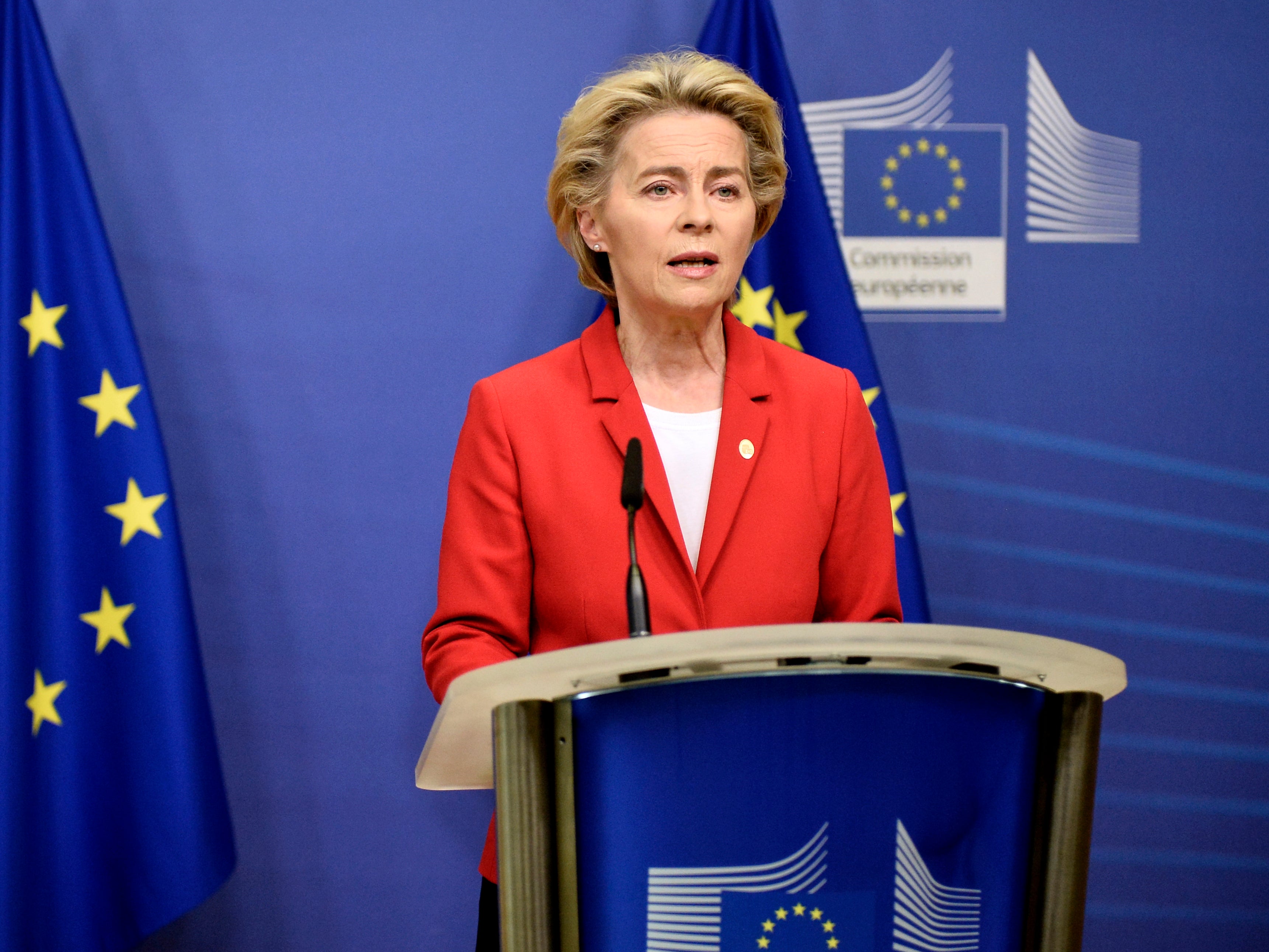 European Commission president Ursula von der Leyen announces the European Union will be taking legal action against Britain’s plans to breach parts of the withdrawal agreement, in Brussels yesterday