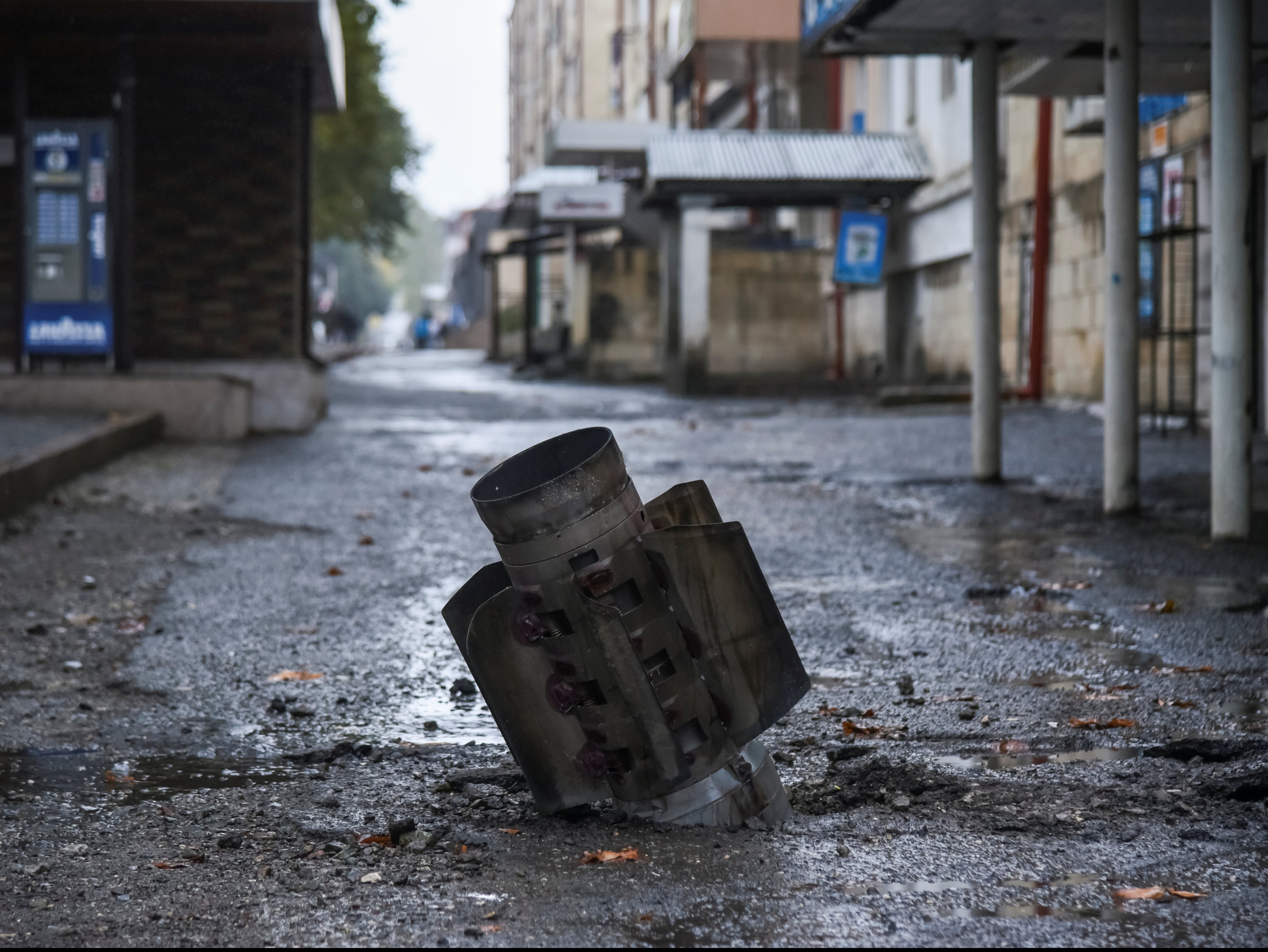 A rocket case in Stepanakert, the capital of the Armenian separatist territory of Nagorno-Karabakh