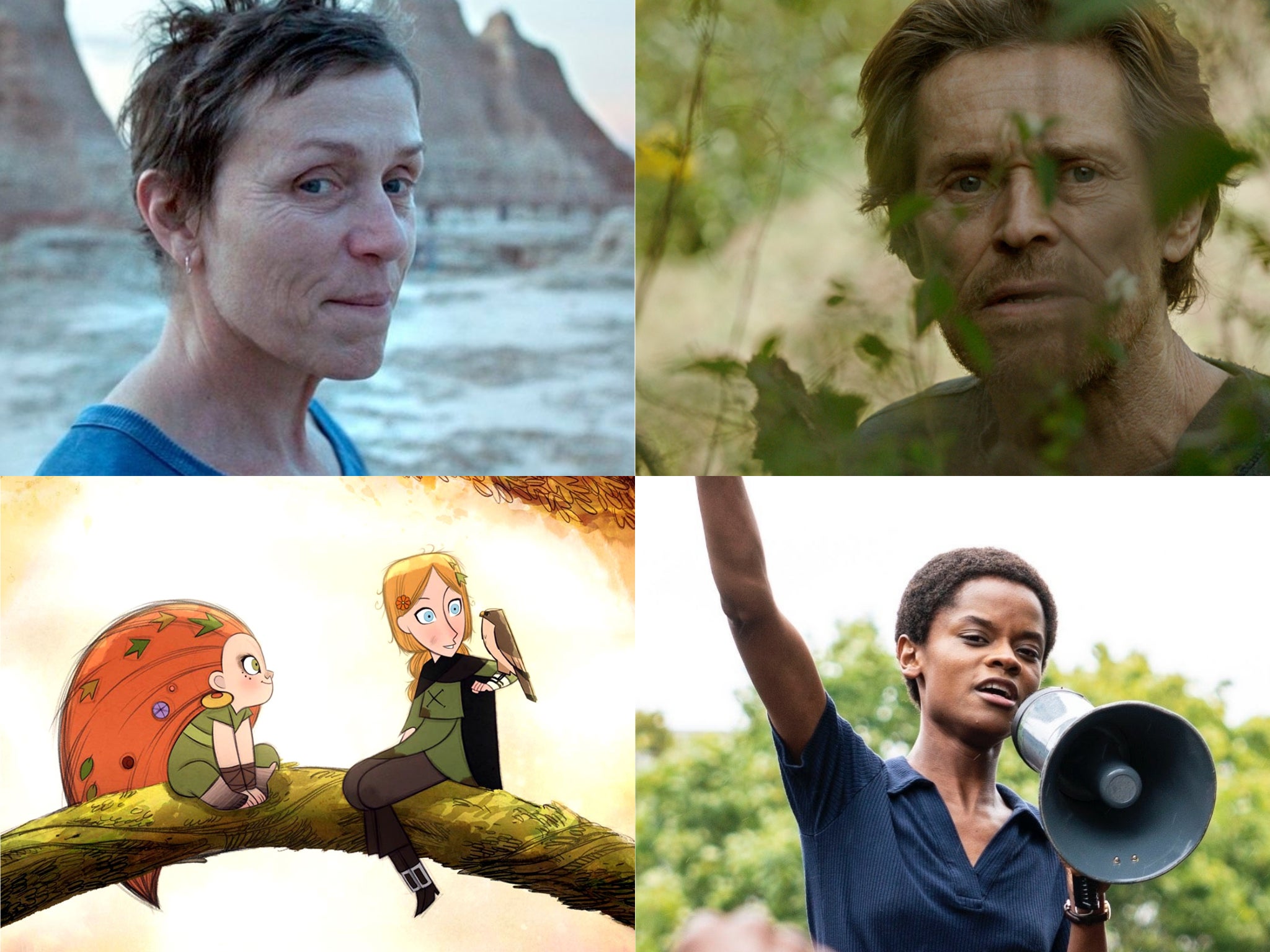 Clockwise: Willem Dafoe in 'Siberia', Letitia Wright in 'Mangrove', 'Wolfwalkers' and Frances McDormand in 'Nomadland'