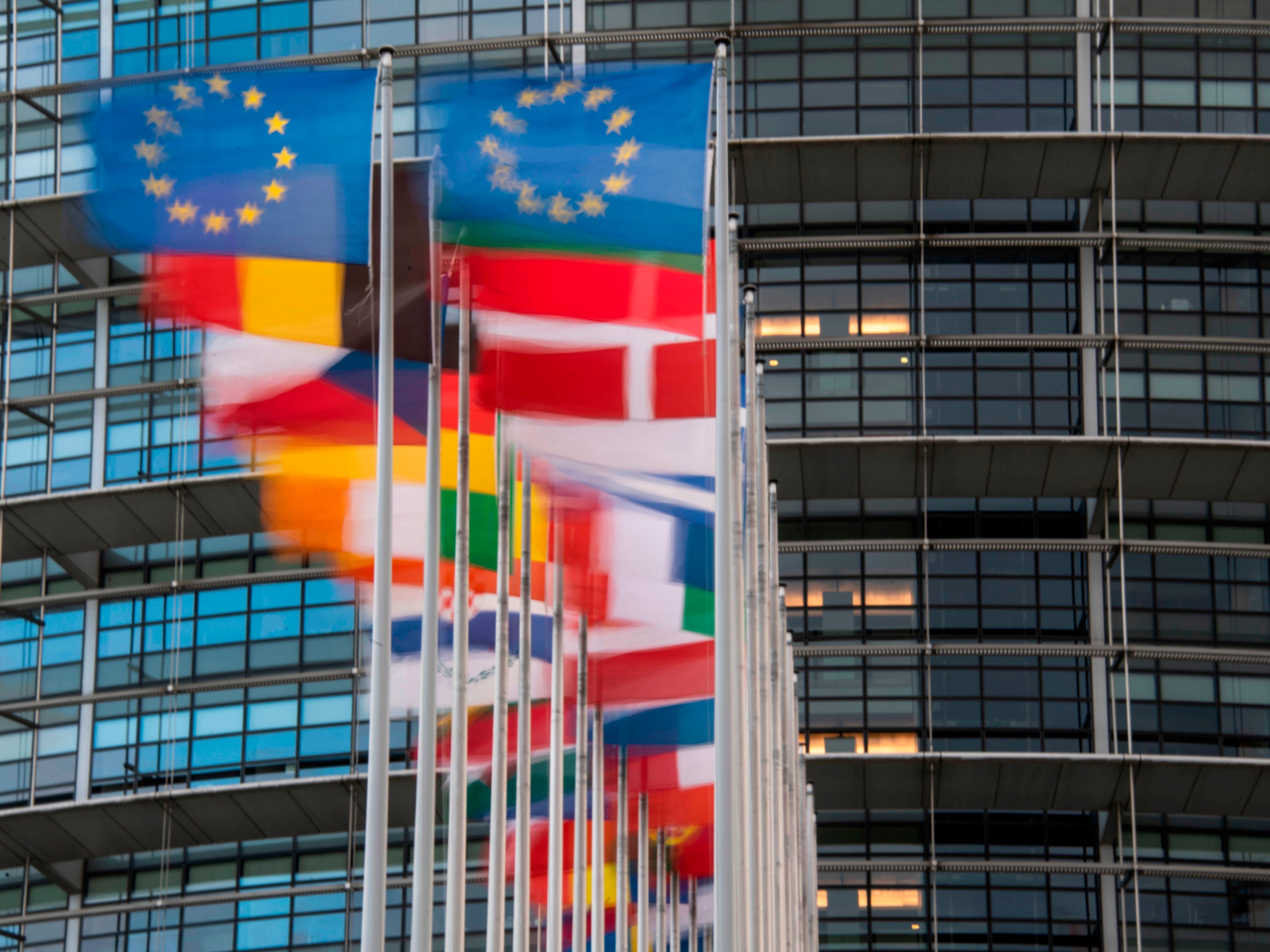 Flags flying in front of the European Parliament in Strasbourg, France on October 6, 2020