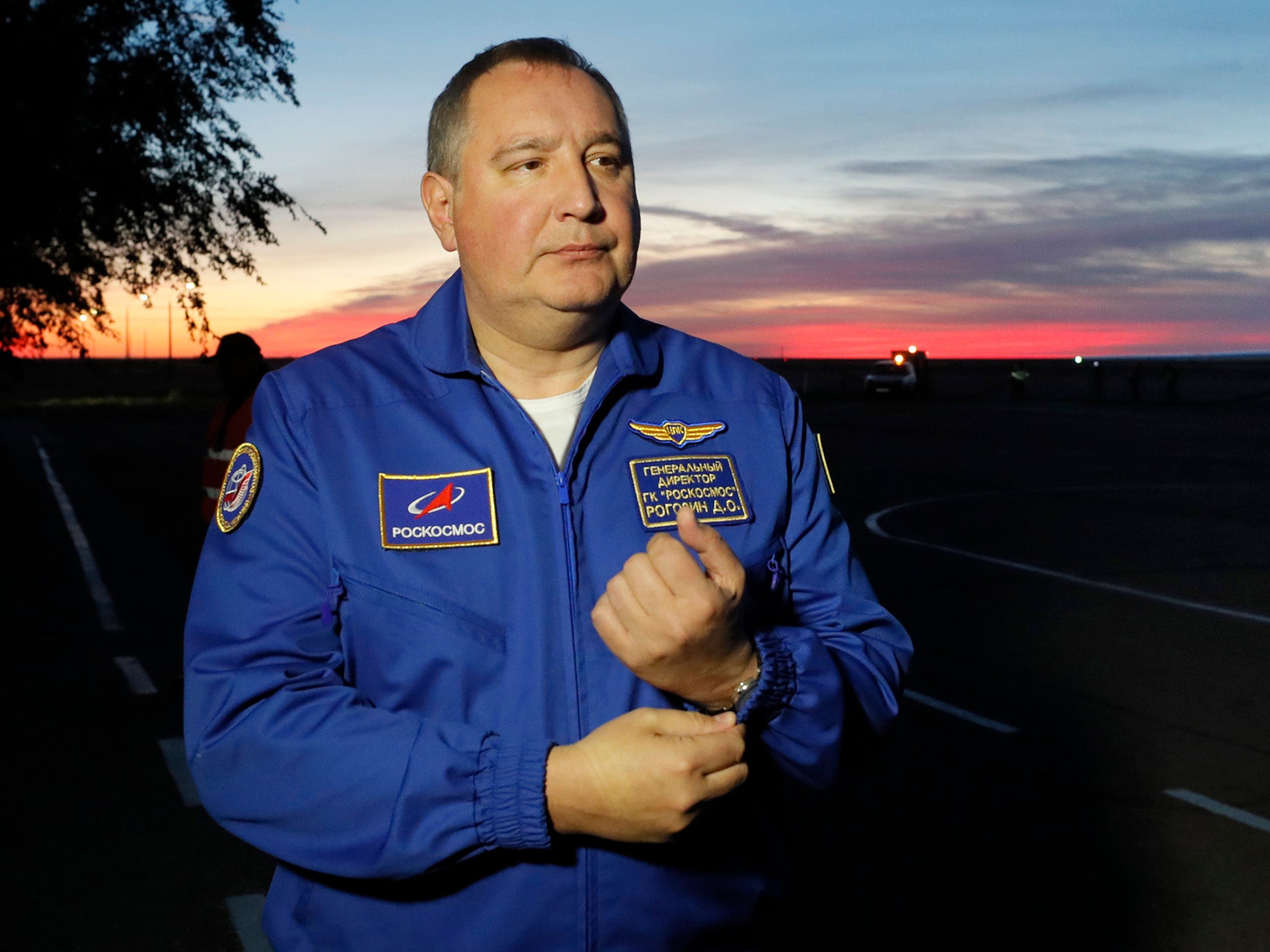 Director General of the Russia state corporation Roscosmos Dmitry Rogozin walks in Baikonur airport, in Kazakhstan