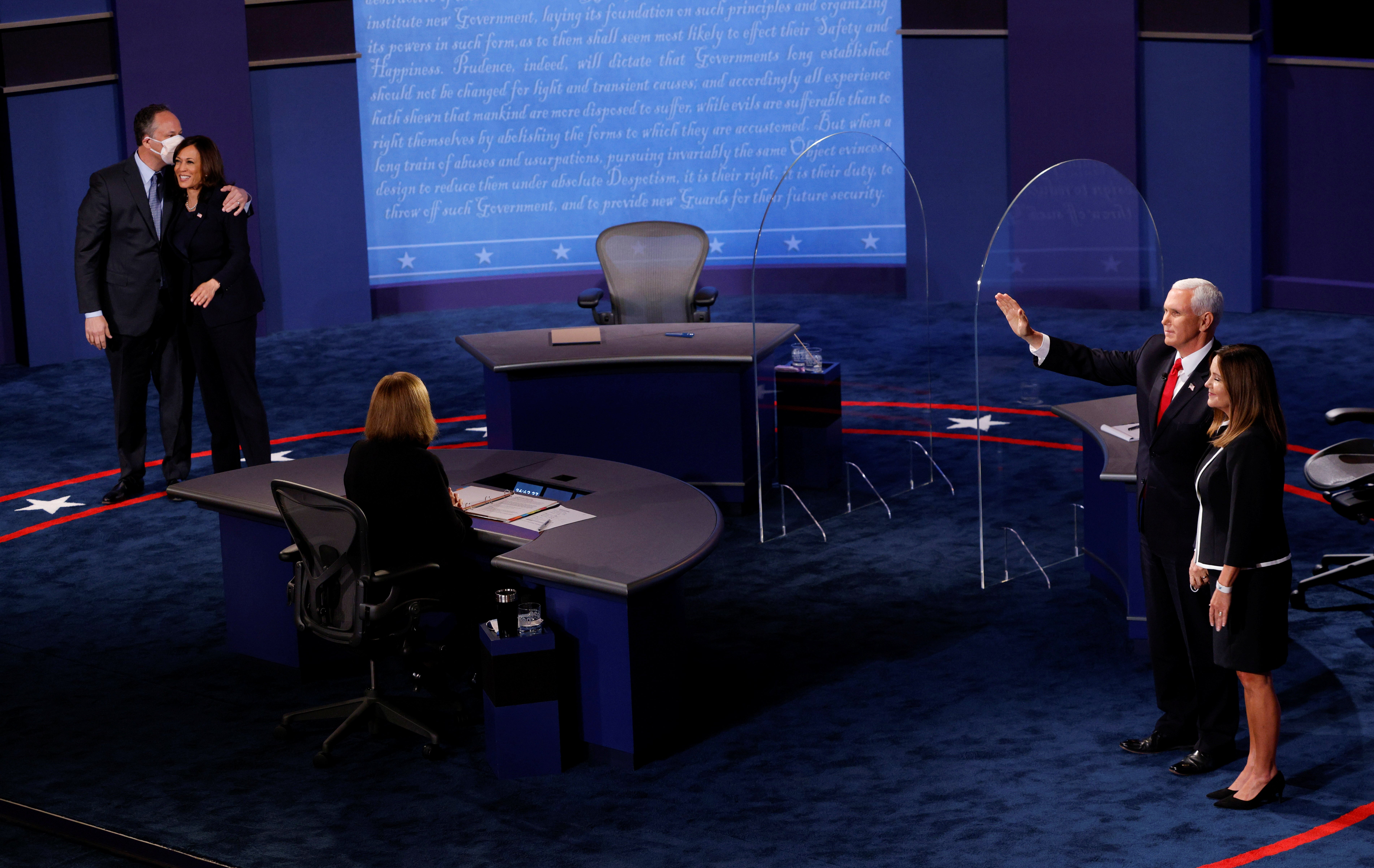 Democratic vice presidential nominee Senator Kamala Harris and vice president Mike Pence after their 2020 campaign debate in Salt Lake City