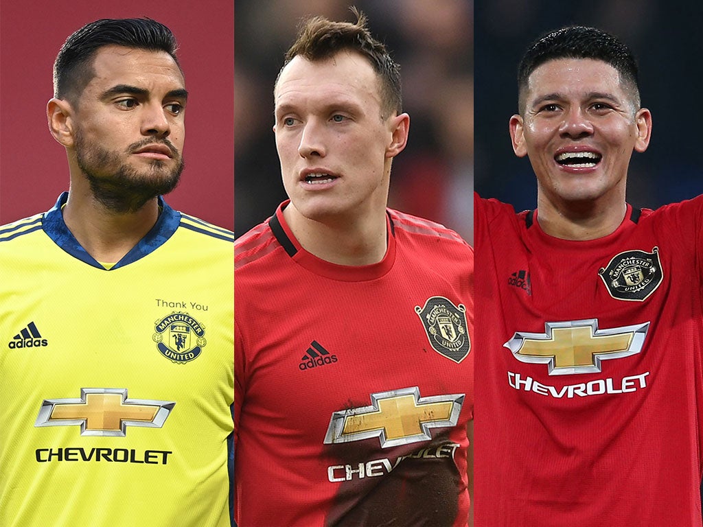 Manchester United’s Sergio Romero, Phil Jones and Marcos Rojo