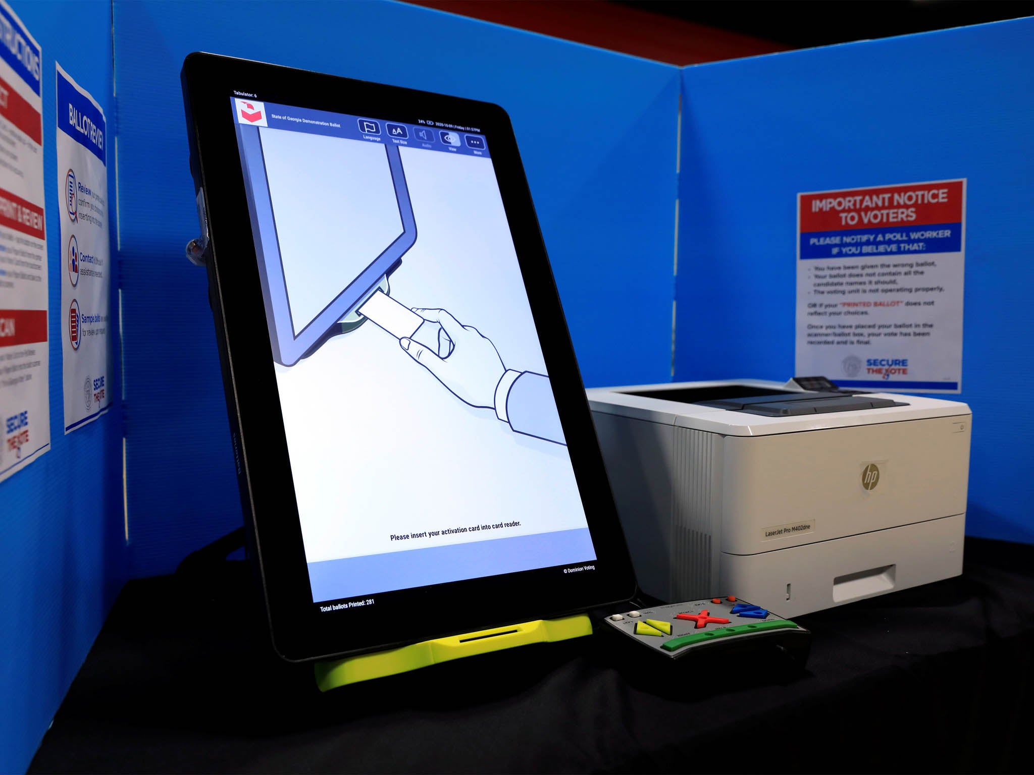 Voting machines (ICX Tablets) on display at early voting location in Dekalb County for the upcoming presidential elections in Georgia