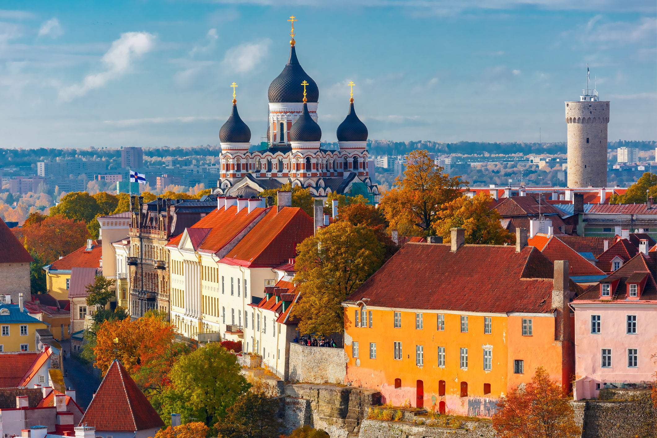 Toompea hill with tower Pikk Hermann and Russian Orthodox Alexander Nevsky Cathedral, view from the tower of St. Olaf church, Tallinn, Estonia