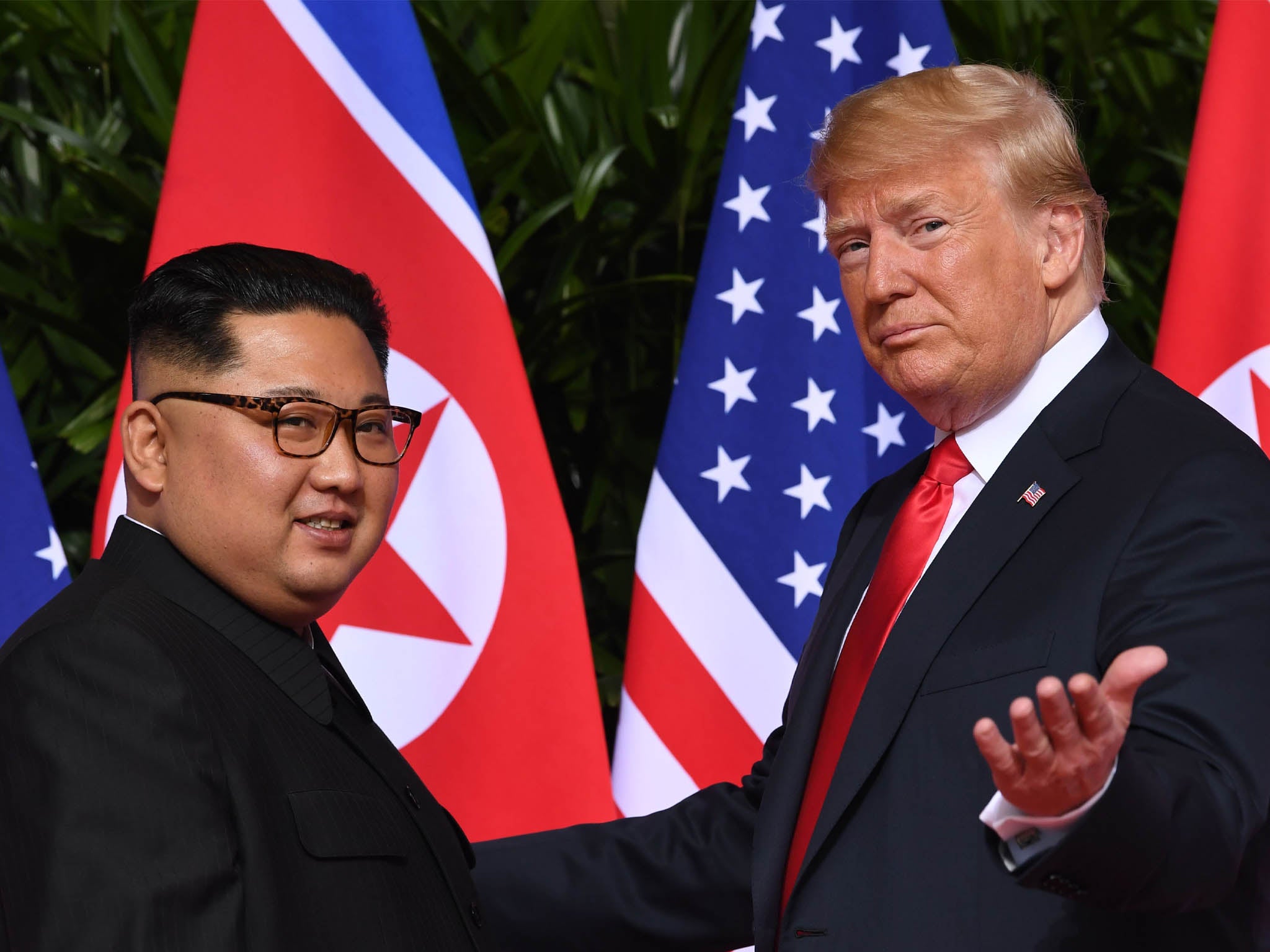 President Donald Trump meeting with North Korea’s leader Kim Jong Un at start of US-North Korea summit regarding nuclear disarmament in June, 2018