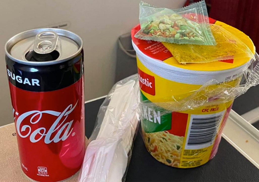 The business class snack includes Fantastic Noodles