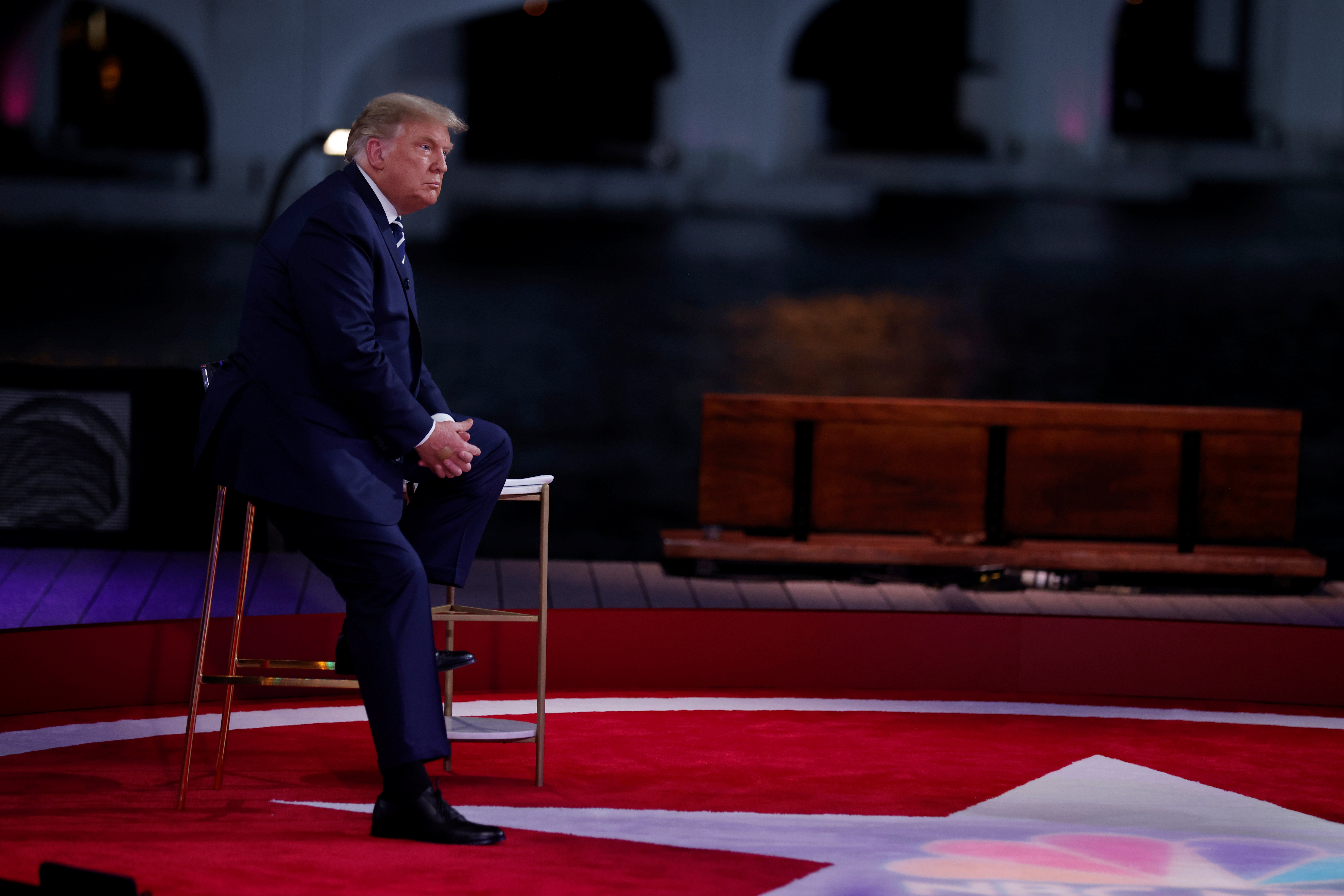 U.S. President Donald Trump takes part in a live one-hour NBC News town hall forum with a group of Florida voters in Miami, Florida, U.S., October 15, 2020. REUTERS/Carlos Barria