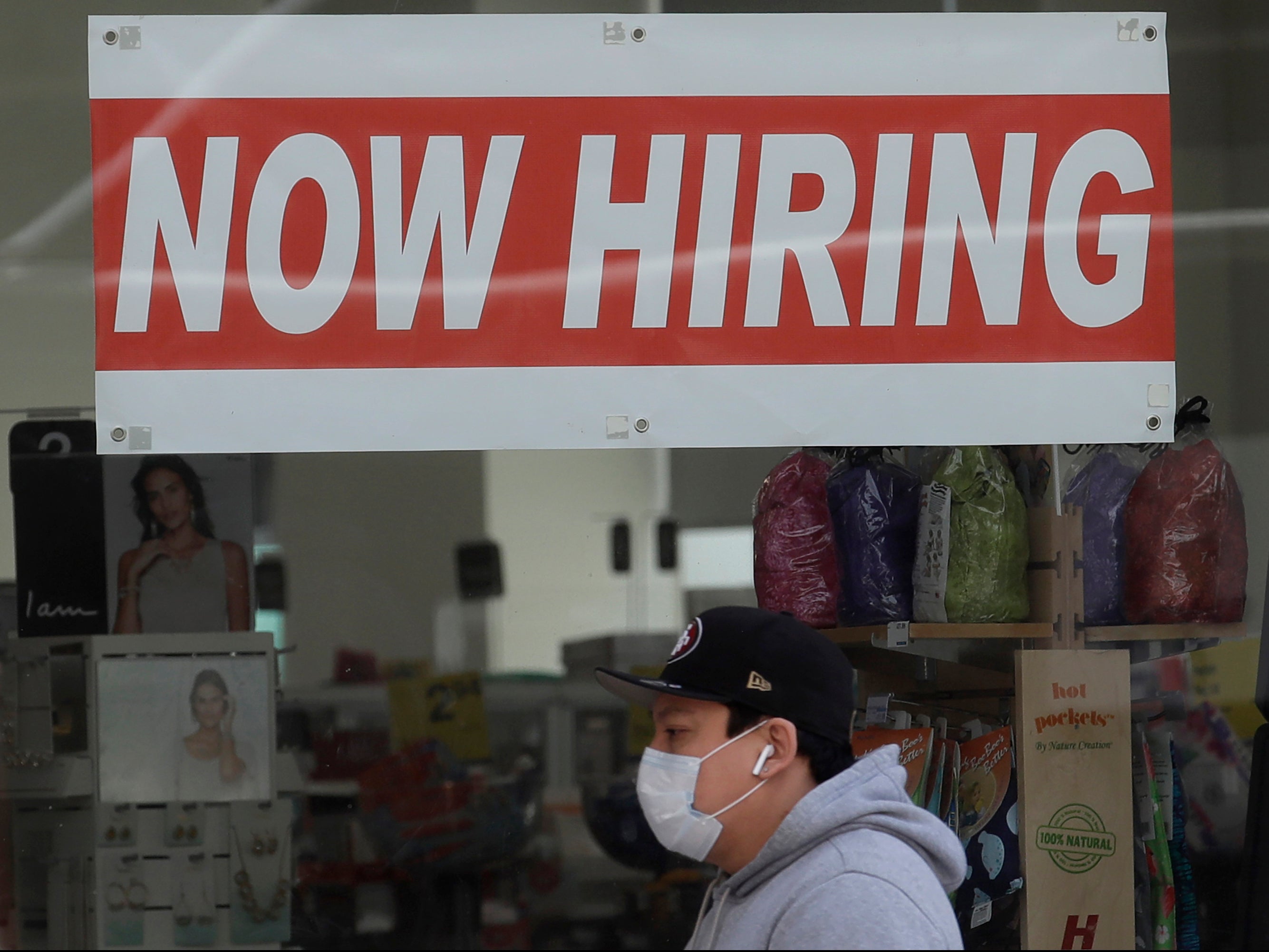 Now Hiring sign at a CVS Pharmacy during the coronavirus outbreak in San Francisco