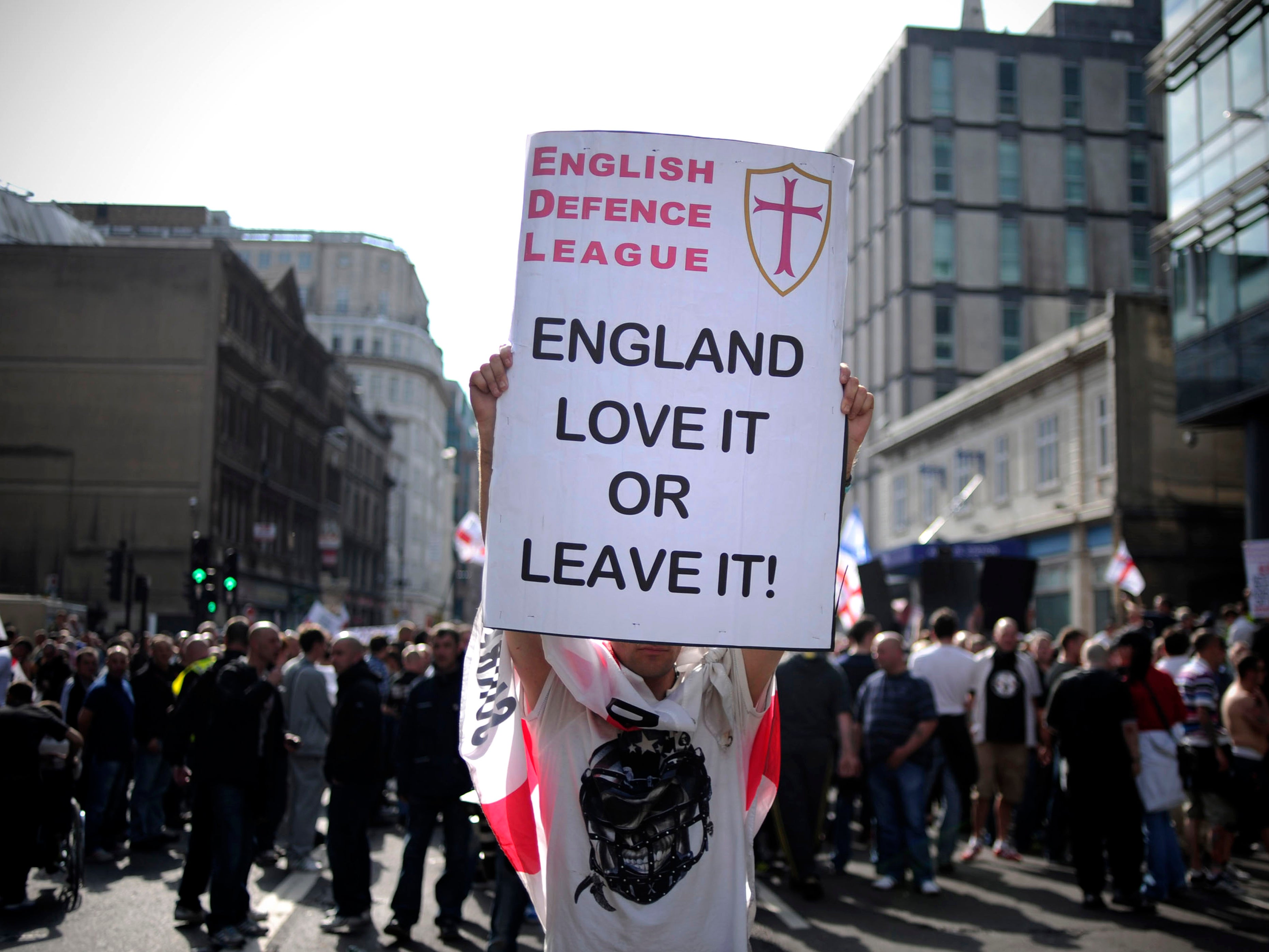 Members of the right-wing EDL take part in a protest in Tower Hamlets, east London on September 3, 2011.