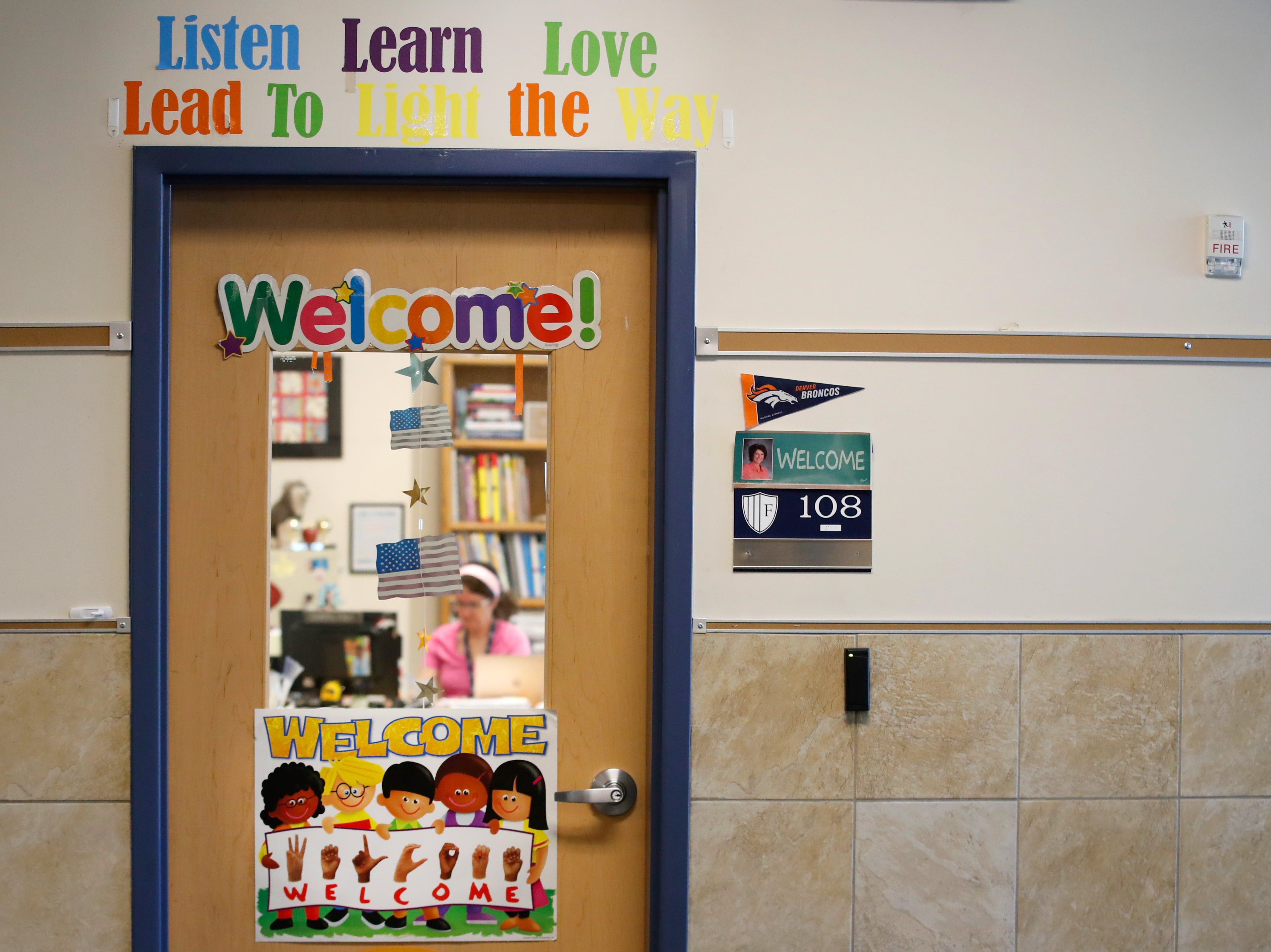 A primary school teacher teaches students over Zoom at Freedom Preparatory Academy in Provo, Utah