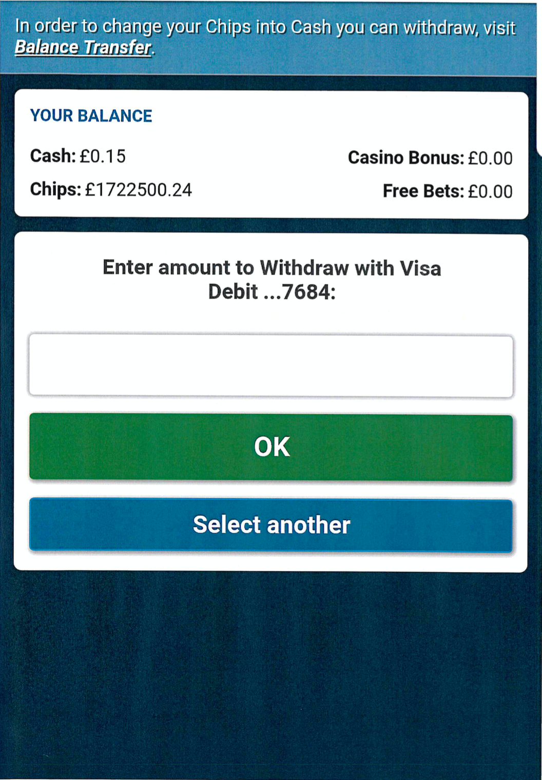 The online betting slip showing the amount Green won