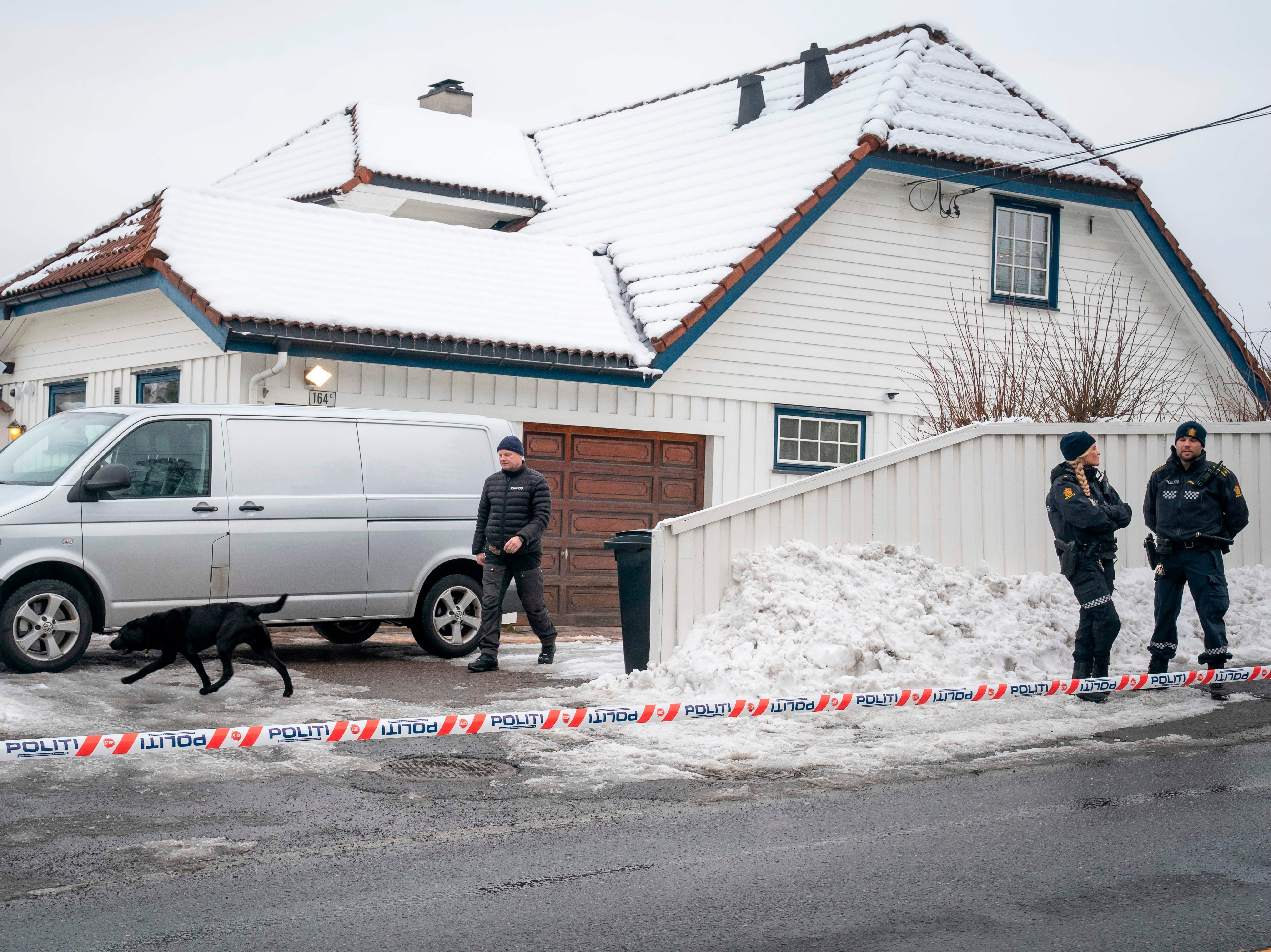 Police carry out a search of Tor Mikkel Wara’s house in March 2019 after his partner was arrested on suspicion of setting fire to their car to generate sympathy from the media