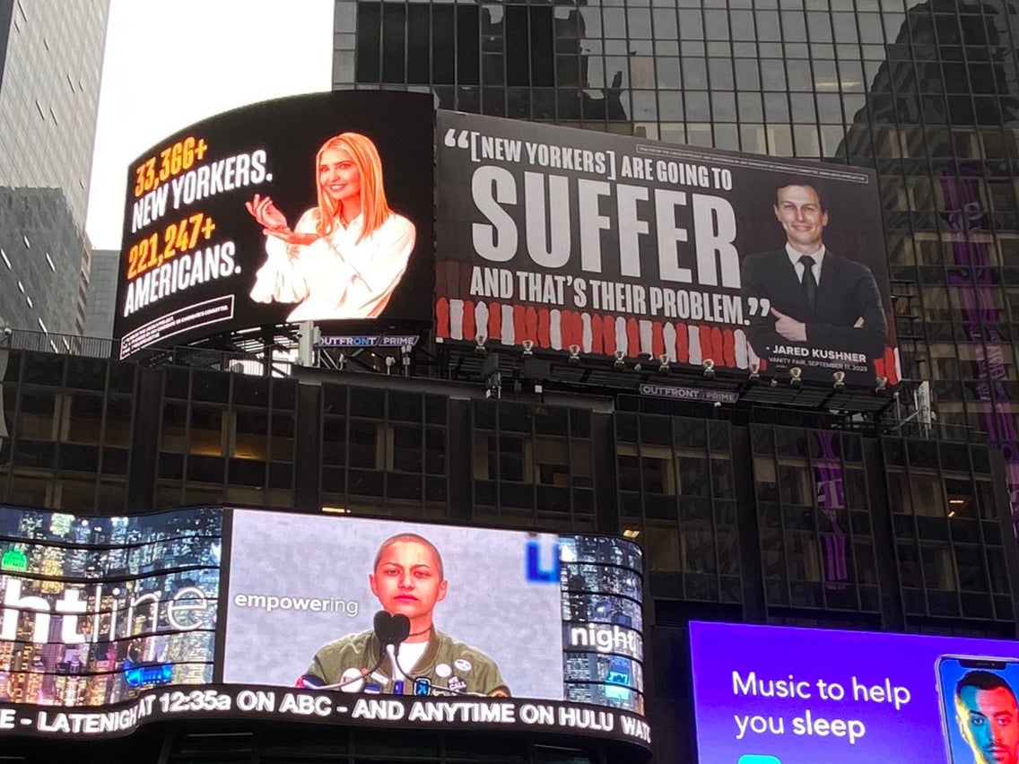 The Lincoln Project has installed two billboards in Times Square attacking Ivanka Trump and Jared Kushner over deaths from Covid-19