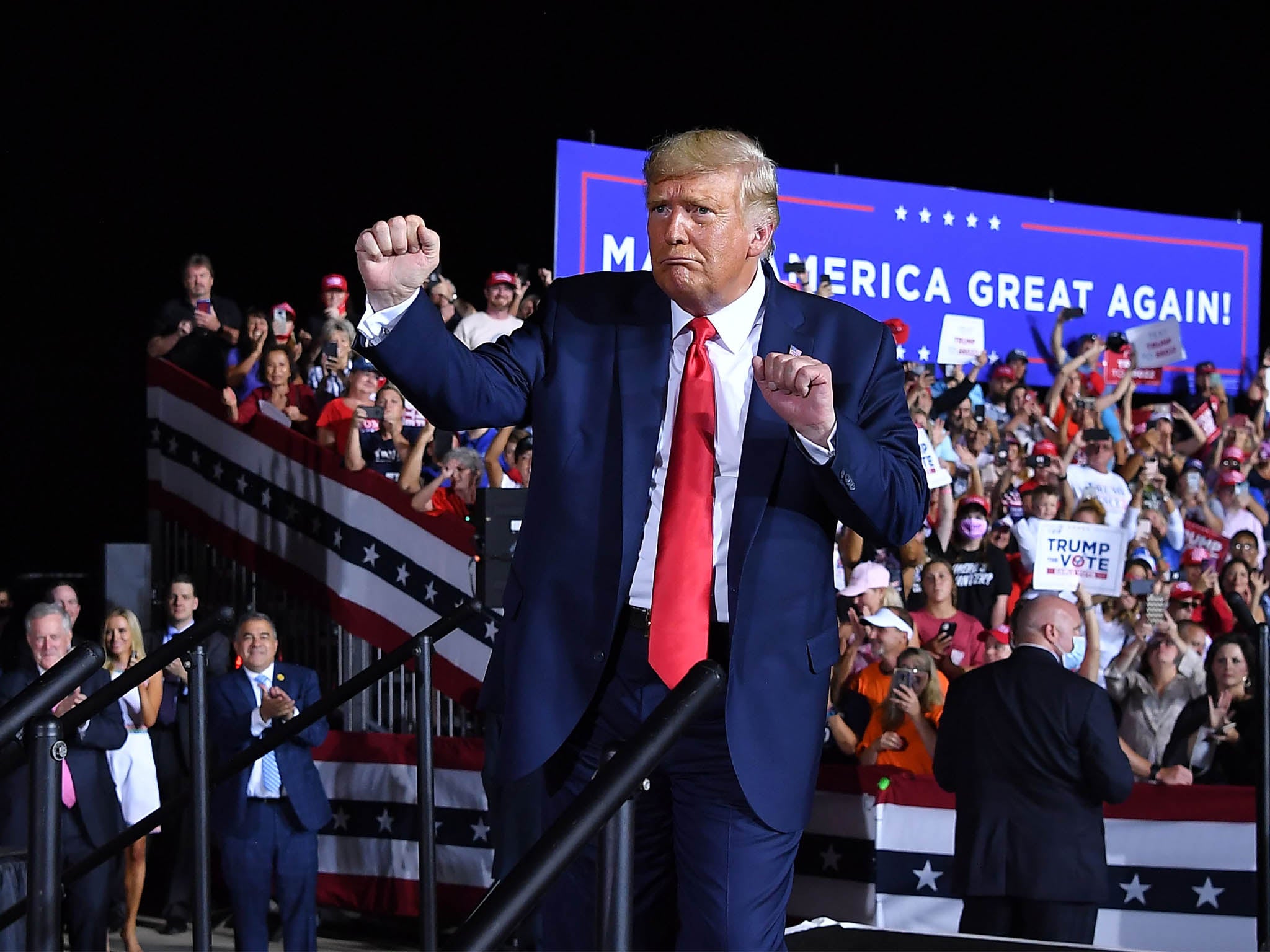 President Donald Trump gesturing during a campaign rally in Pensacola, Florida, 23 October 2020