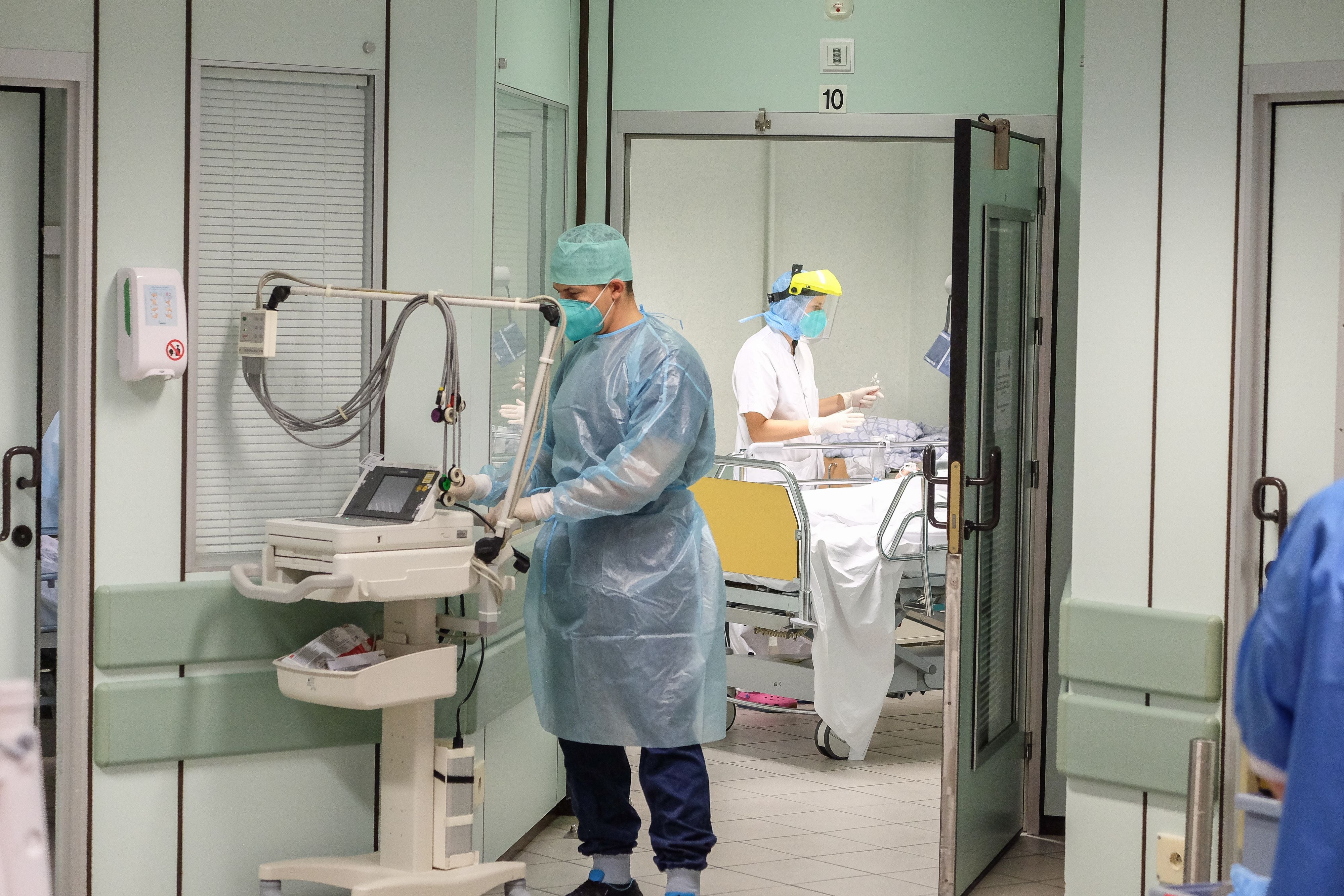 Medical staff work and tend to patients in the hospital CHR Citadelle in Liege, on 23 October