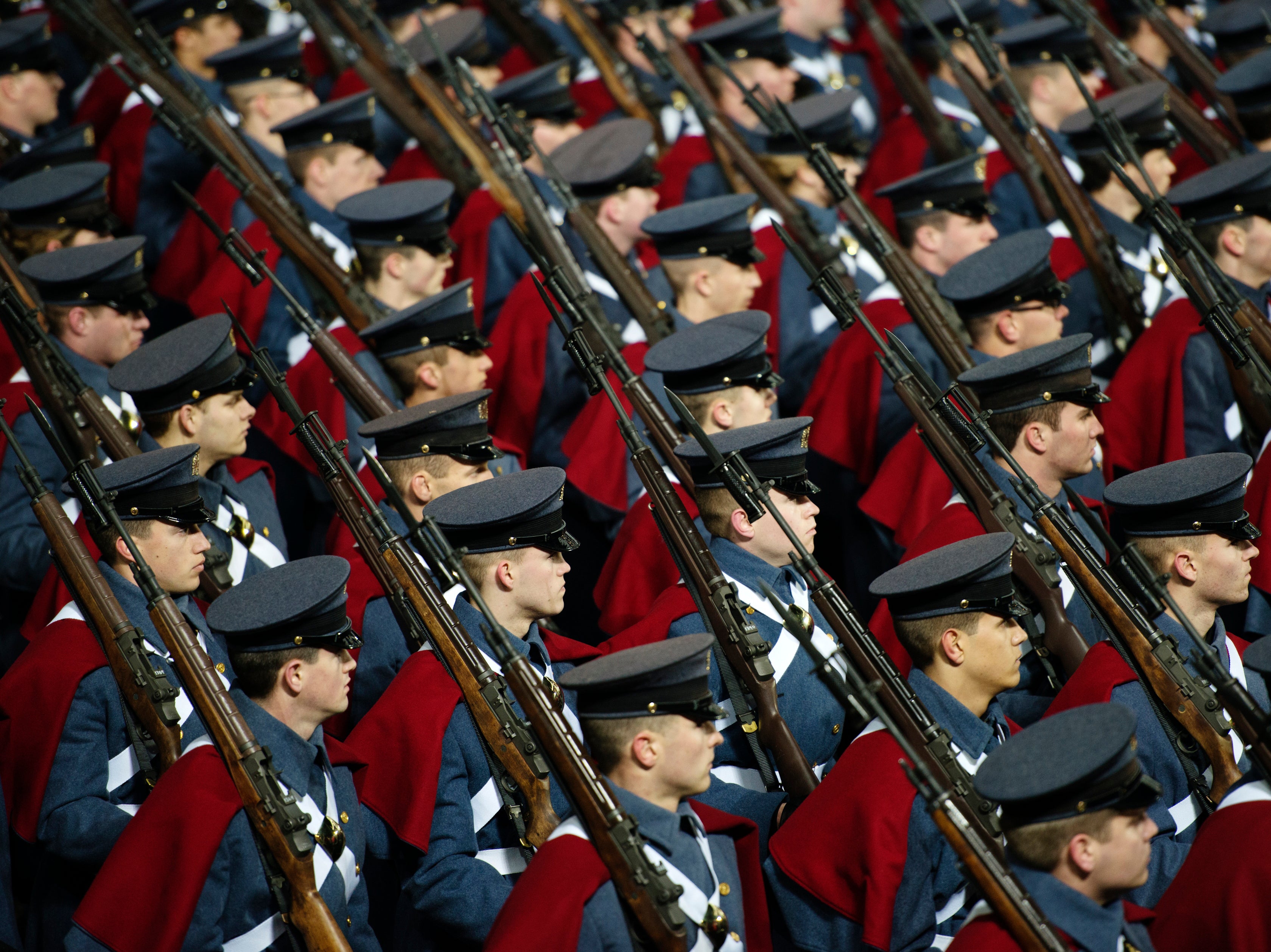 Virginia Military Institute cadets march during the 2013 inauguration parade for Barack Obama in Washington